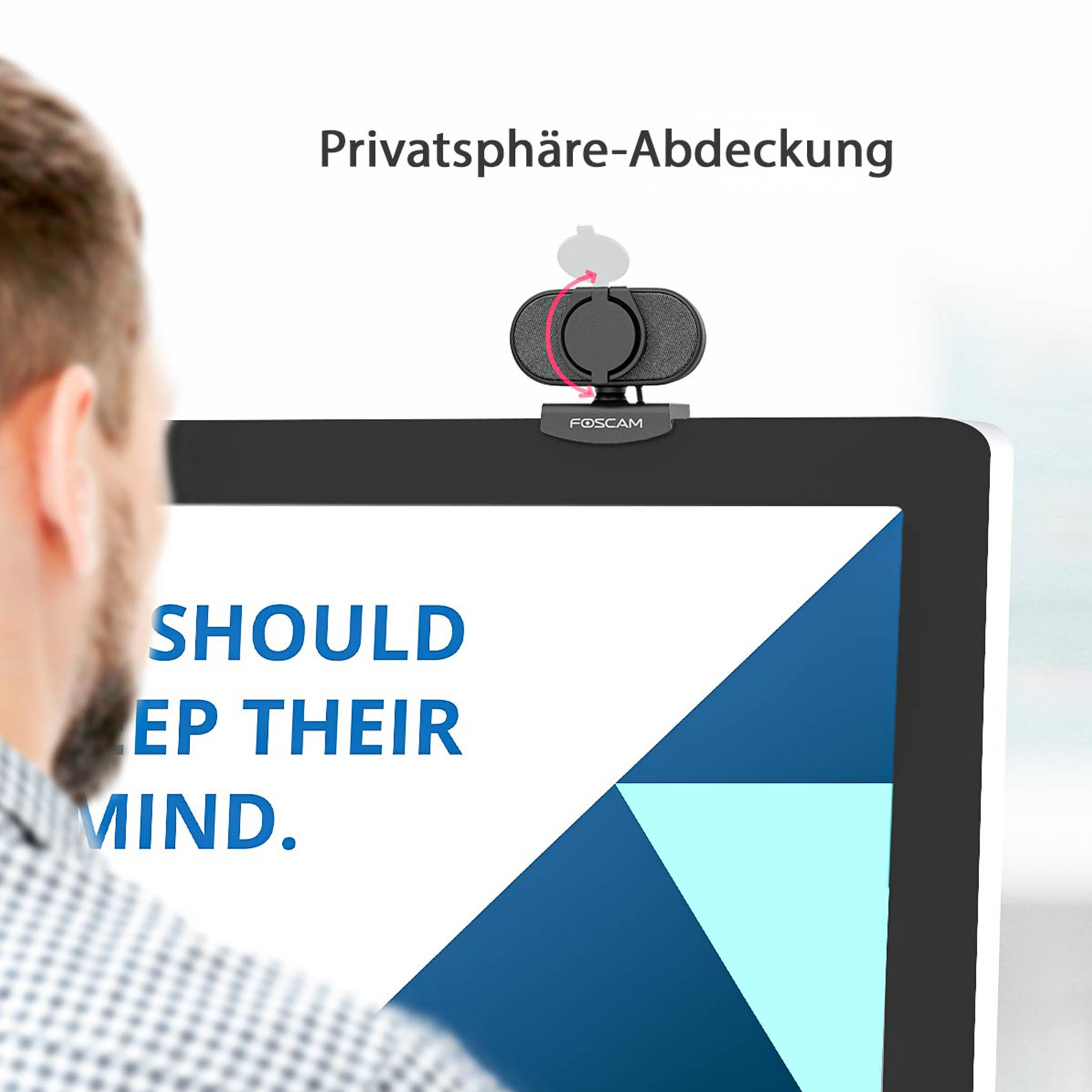 Webcam on monitor. Man in background. Text: Privatspäre-Abdeckung.