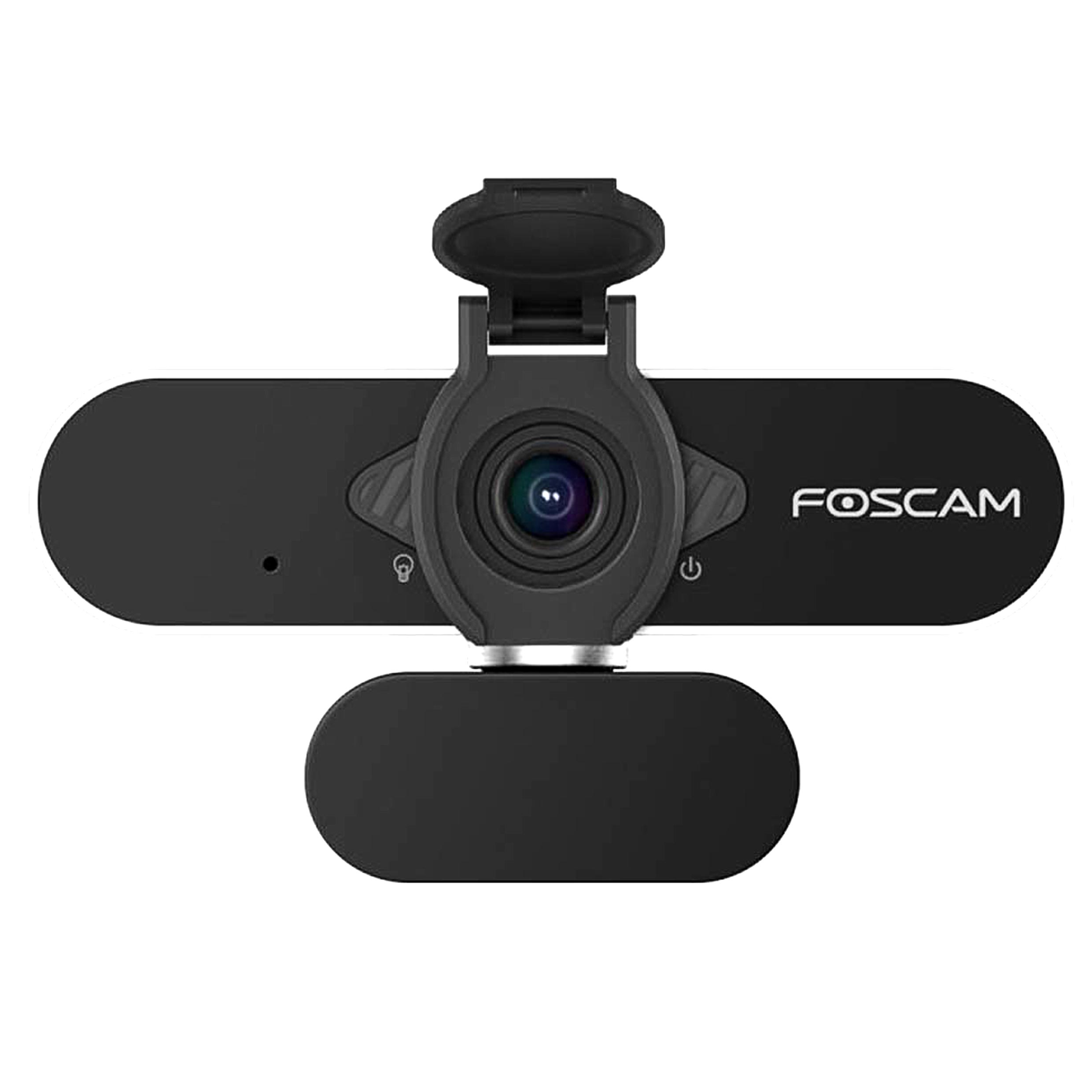 Zwarte Foscam webcam met een lens, een klep en de merknaam erop.