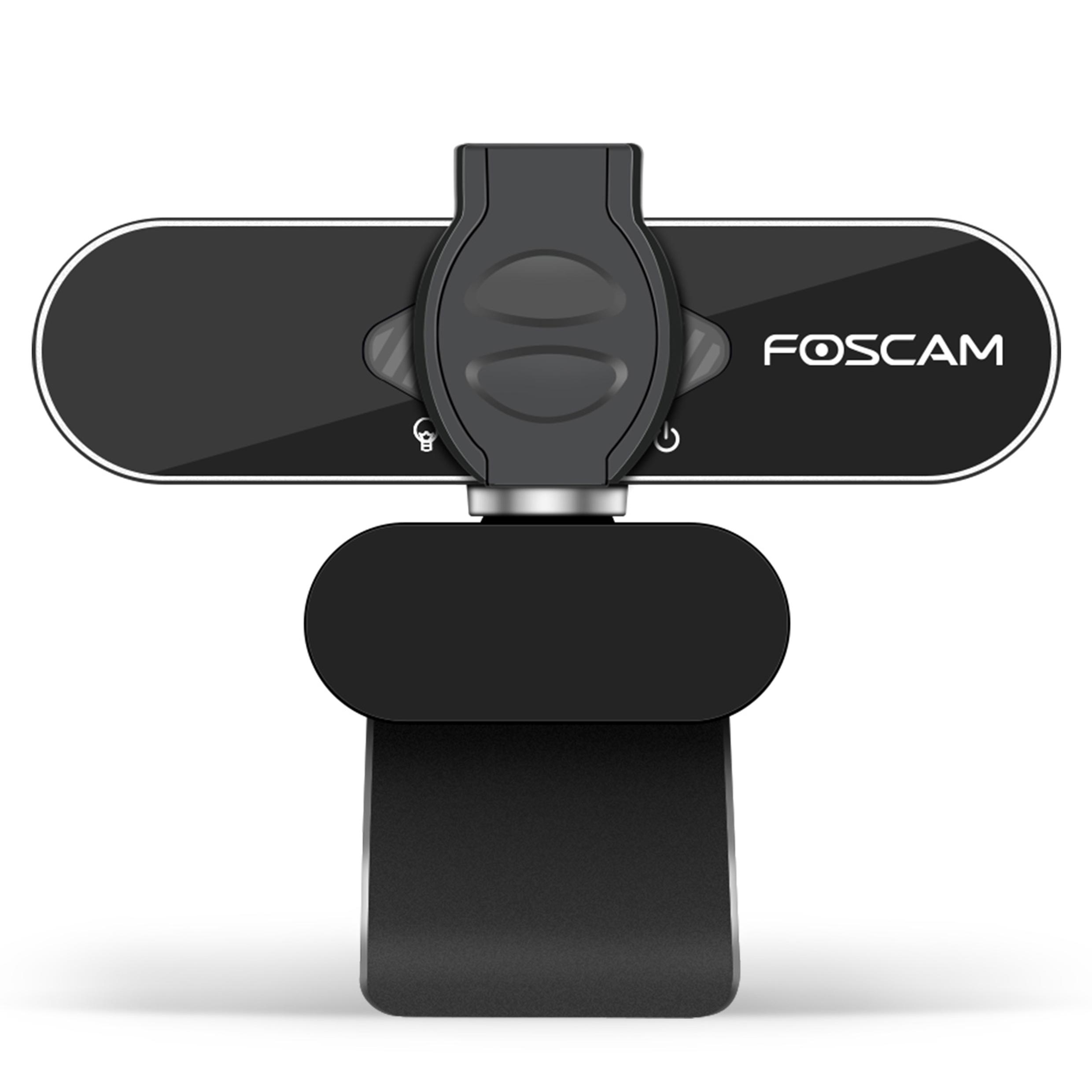 Zwarte FOSCAM webcam met een clip. Knoppen en FOSCAM logo. Witte achtergrond.
