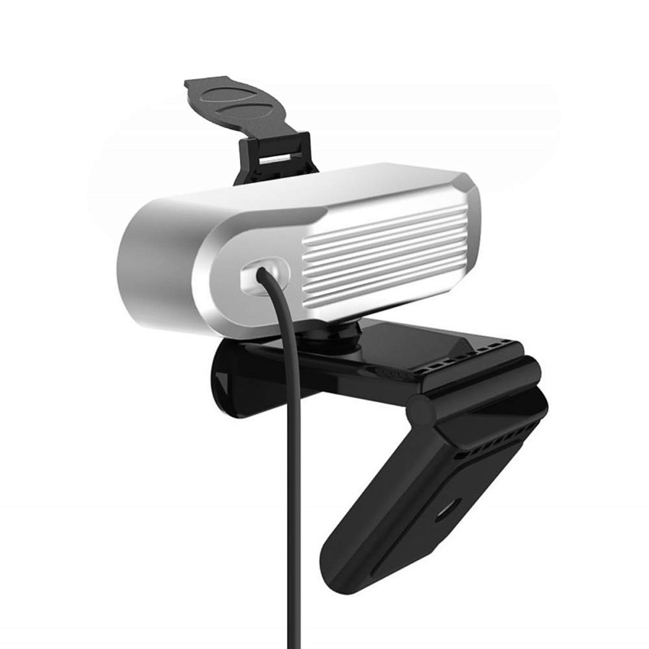 Zilveren en zwarte webcam met een kabel en een clip om hem aan een monitor te bevestigen.