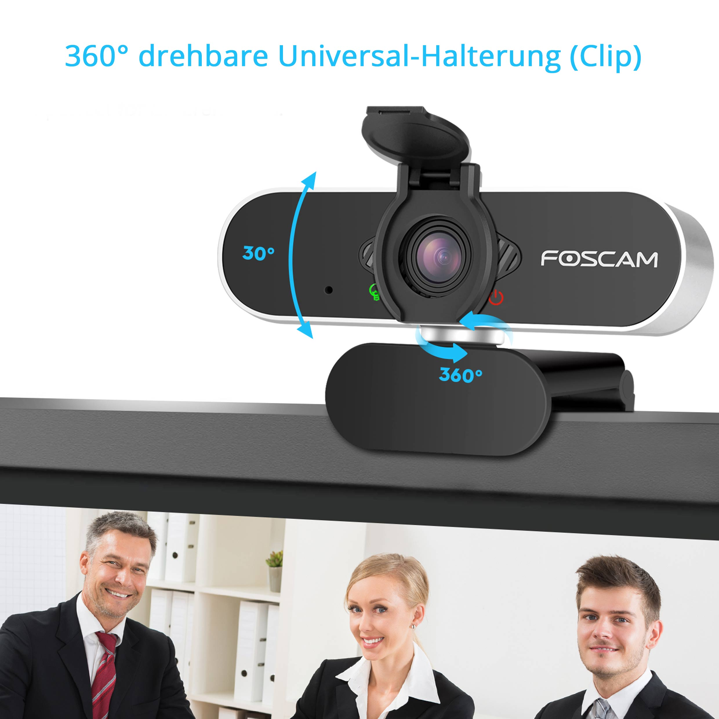 Webcam met een draaibare basis, toont een vergadering met drie personen.