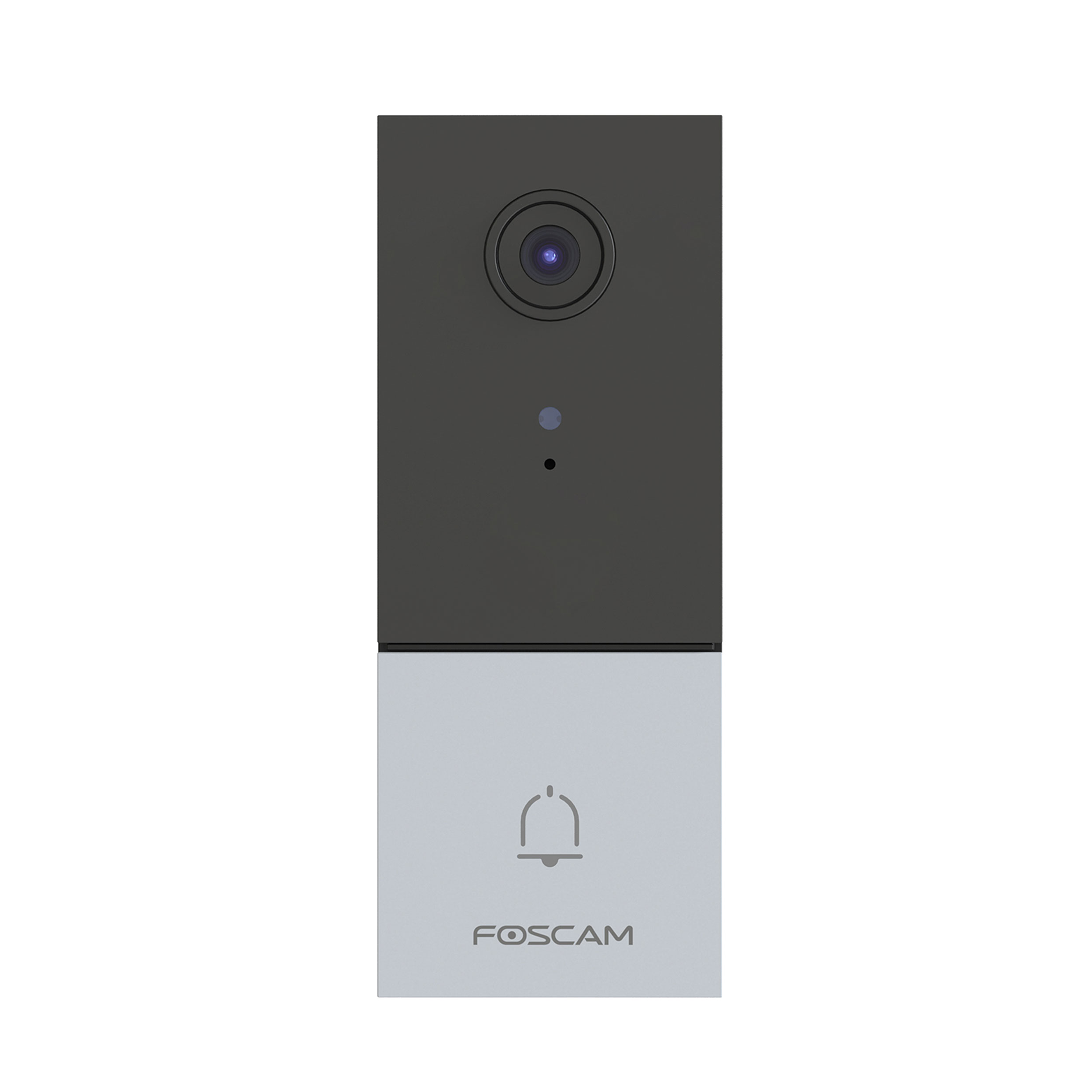Una videocamera per campanello Foscam con un'icona a campana. Bianco e nero. Sfondo bianco.