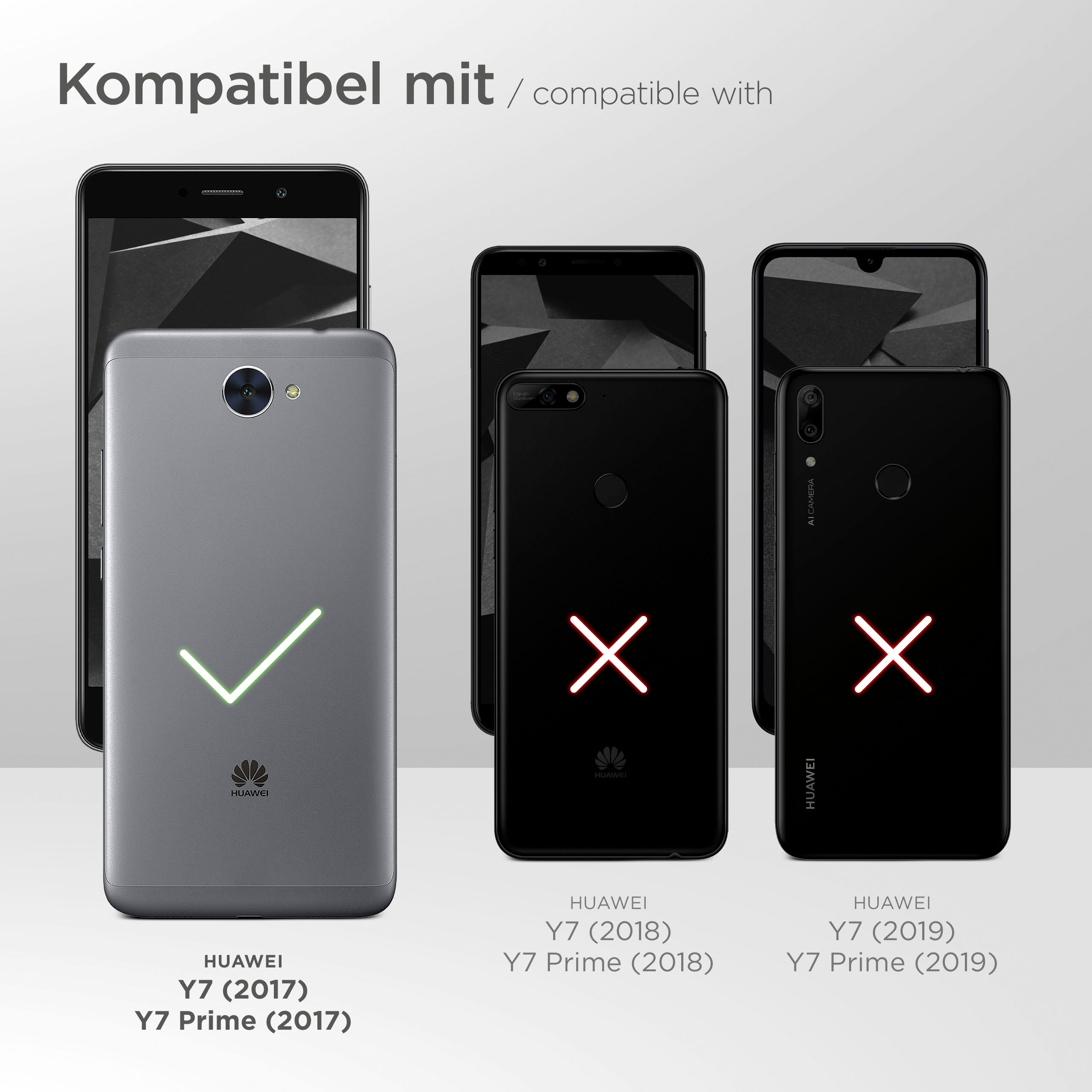 Telefone, eines mit Häkchen, zwei mit X, Marke Huawei.
