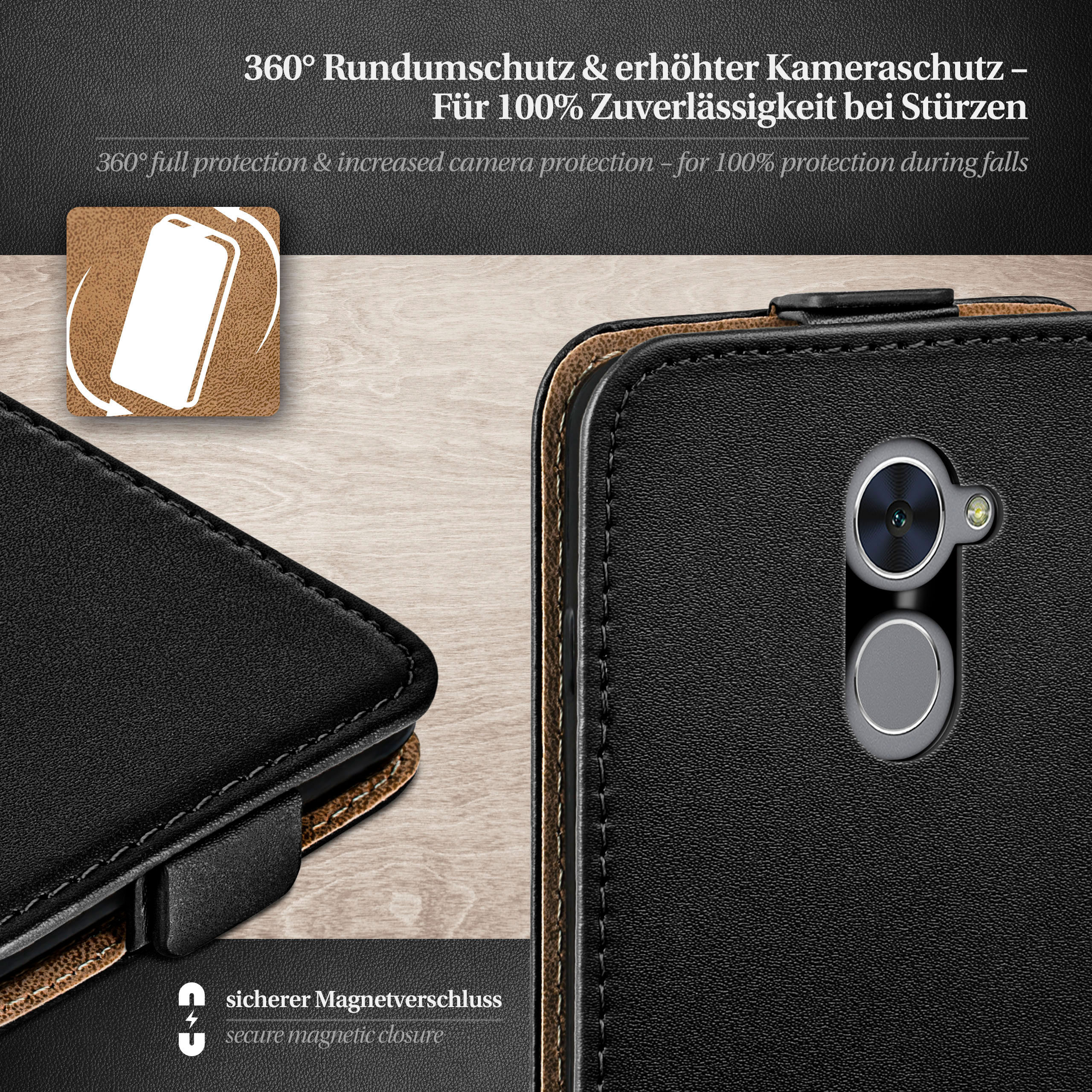 Schwarze Handyhülle mit Kameraausschnitt und Magnetverschluss. Schützendes Design.