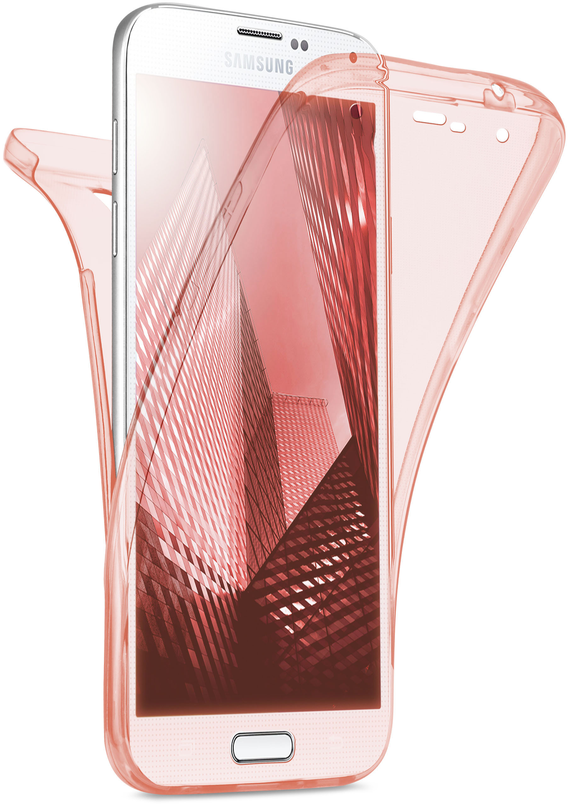 Rosa Handyhülle um ein Handy, mit Stadtansicht im Hintergrund.