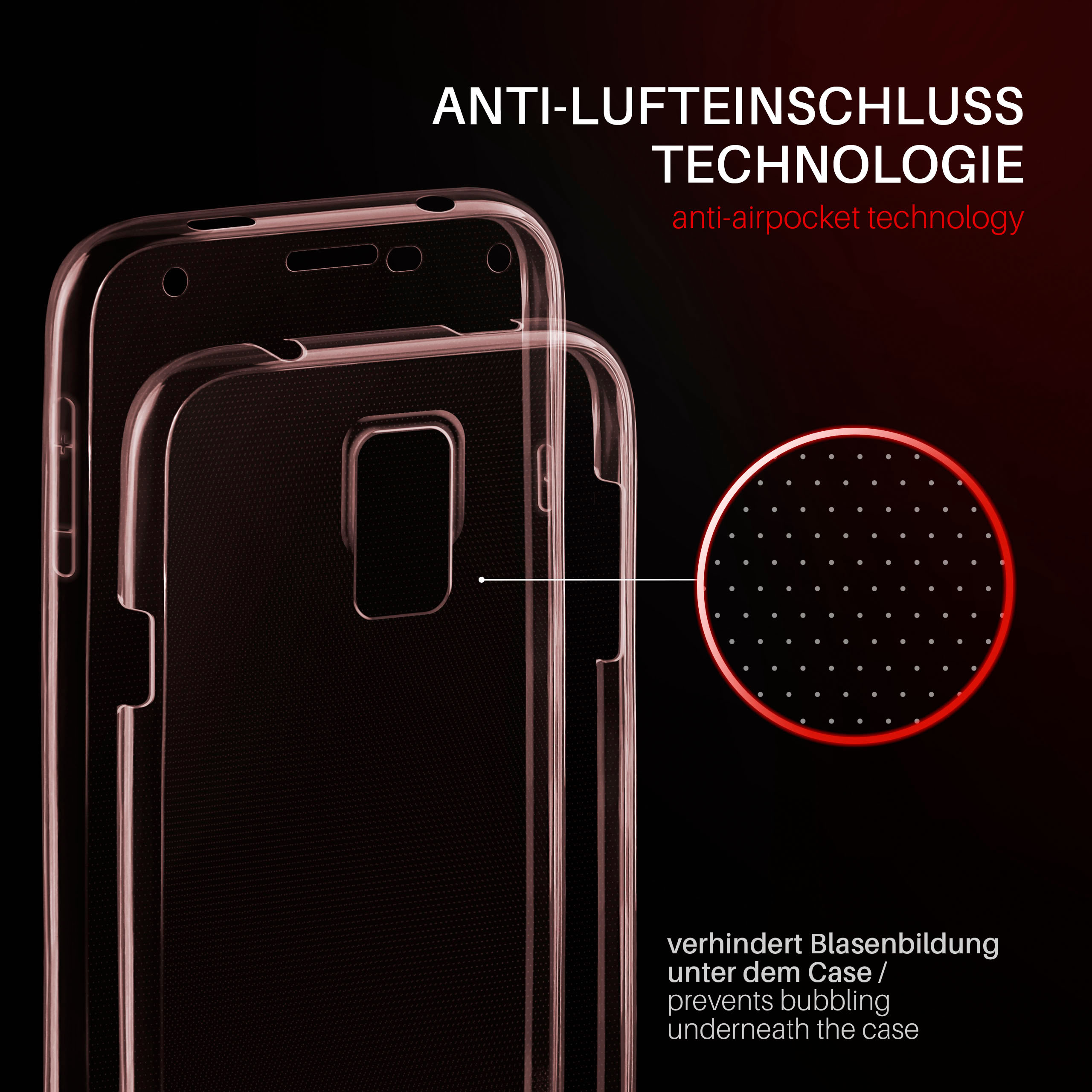 Transparente Handyhülle mit Telefon darin, die Anti-Luftblasen-Technologie zeigt.