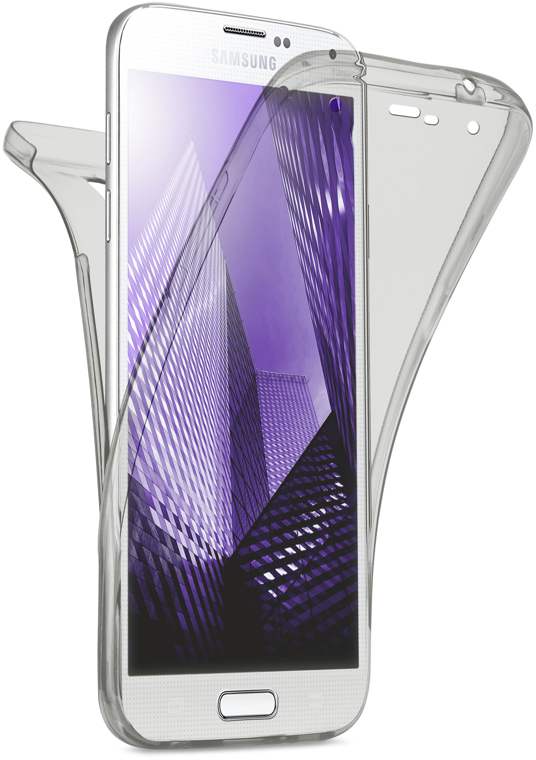 Ein weißes Samsung-Telefon mit klarer Schutzhülle, zeigt eine Stadtlandschaft auf dem Bildschirm.