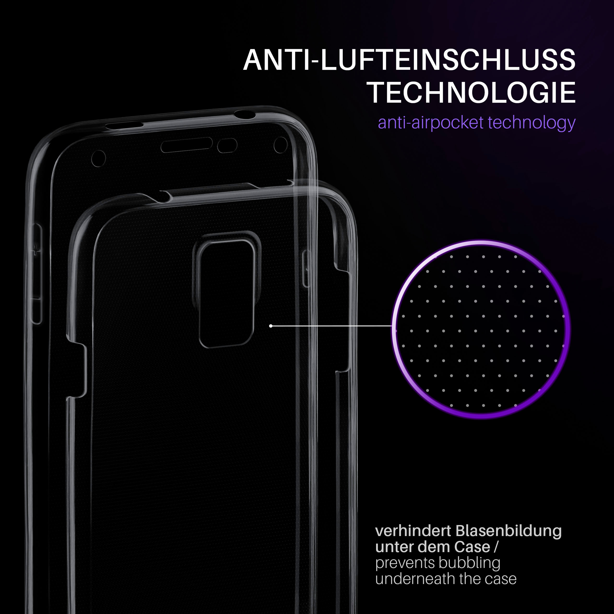 Transparente Smartphone-Hülle mit Text über Anti-Luftblasen-Technologie und einem gepunkteten Kreis.