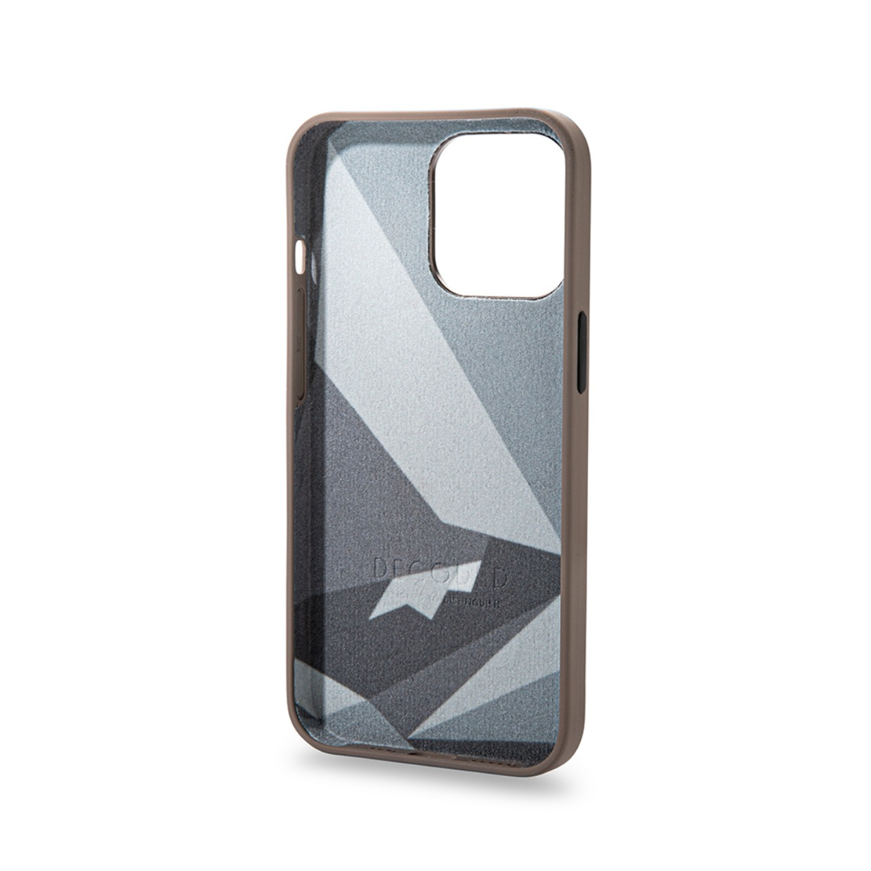 iPhone-Hülle mit geometrischem Design. Grau- und Brauntöne. Weißer Hintergrund.
