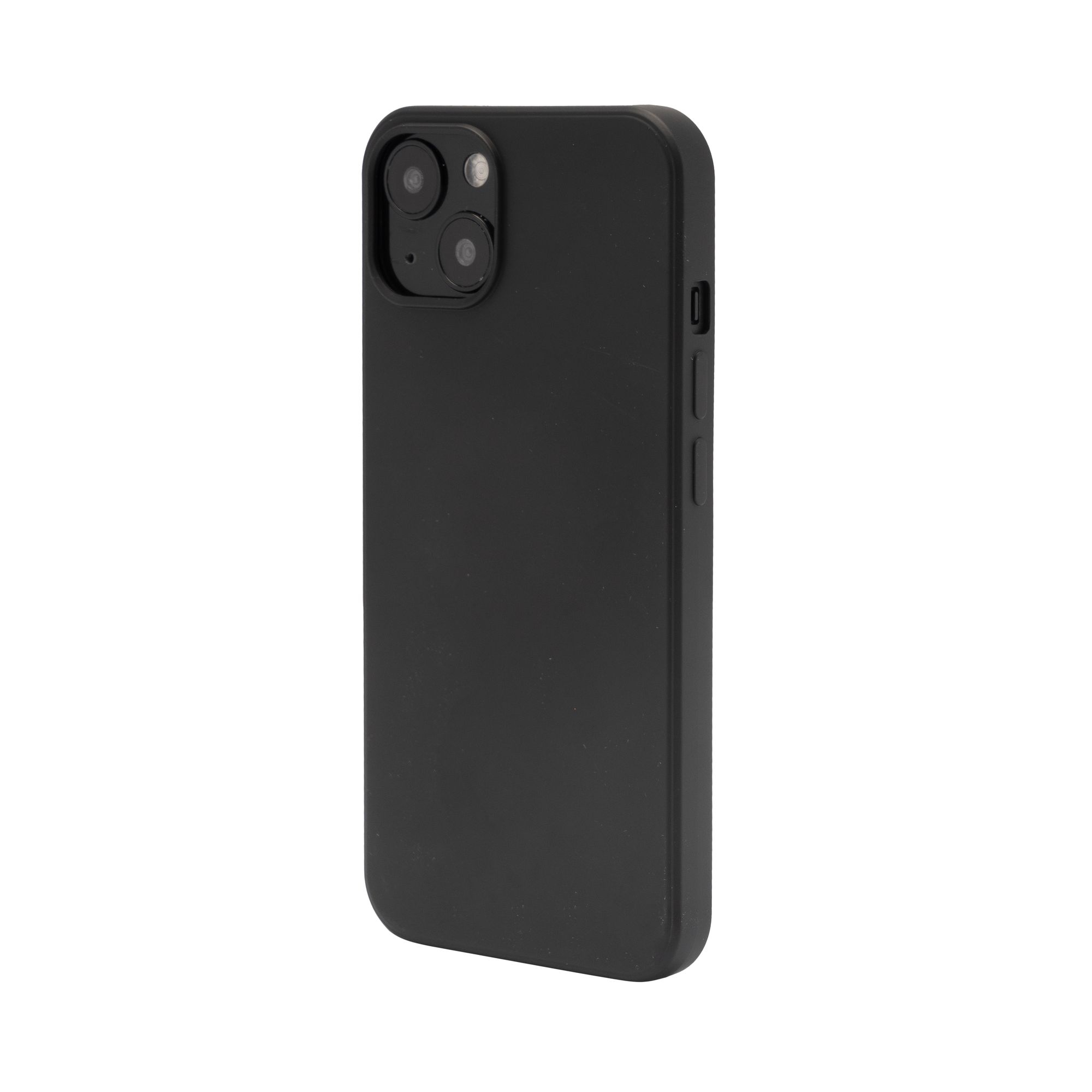 Telefono nero con sporgenza della fotocamera, vista laterale. Sfondo bianco.