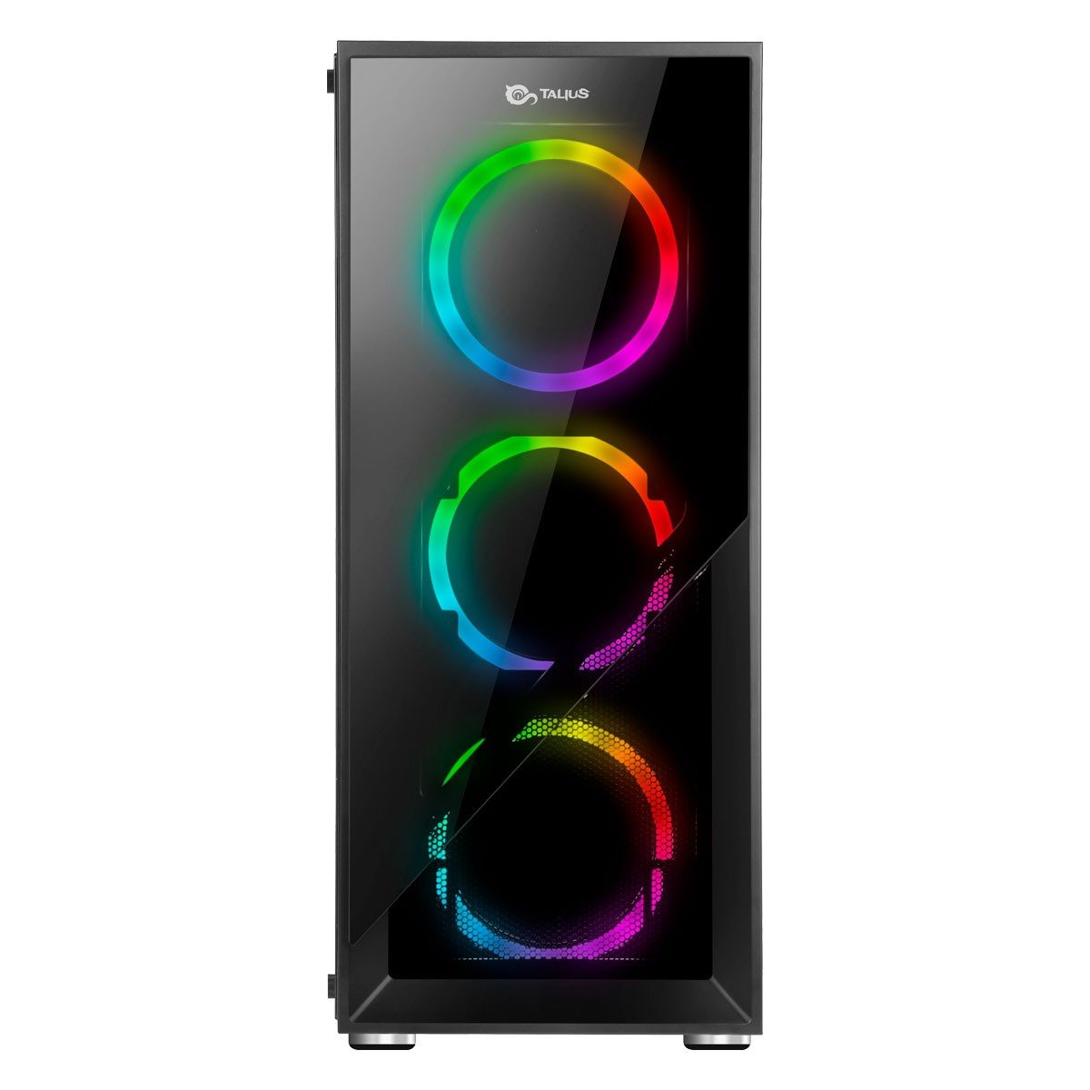 Una torre de ordenador negra con tres anillos coloridos iluminados en la parte delantera. Tiene un panel de vidrio.