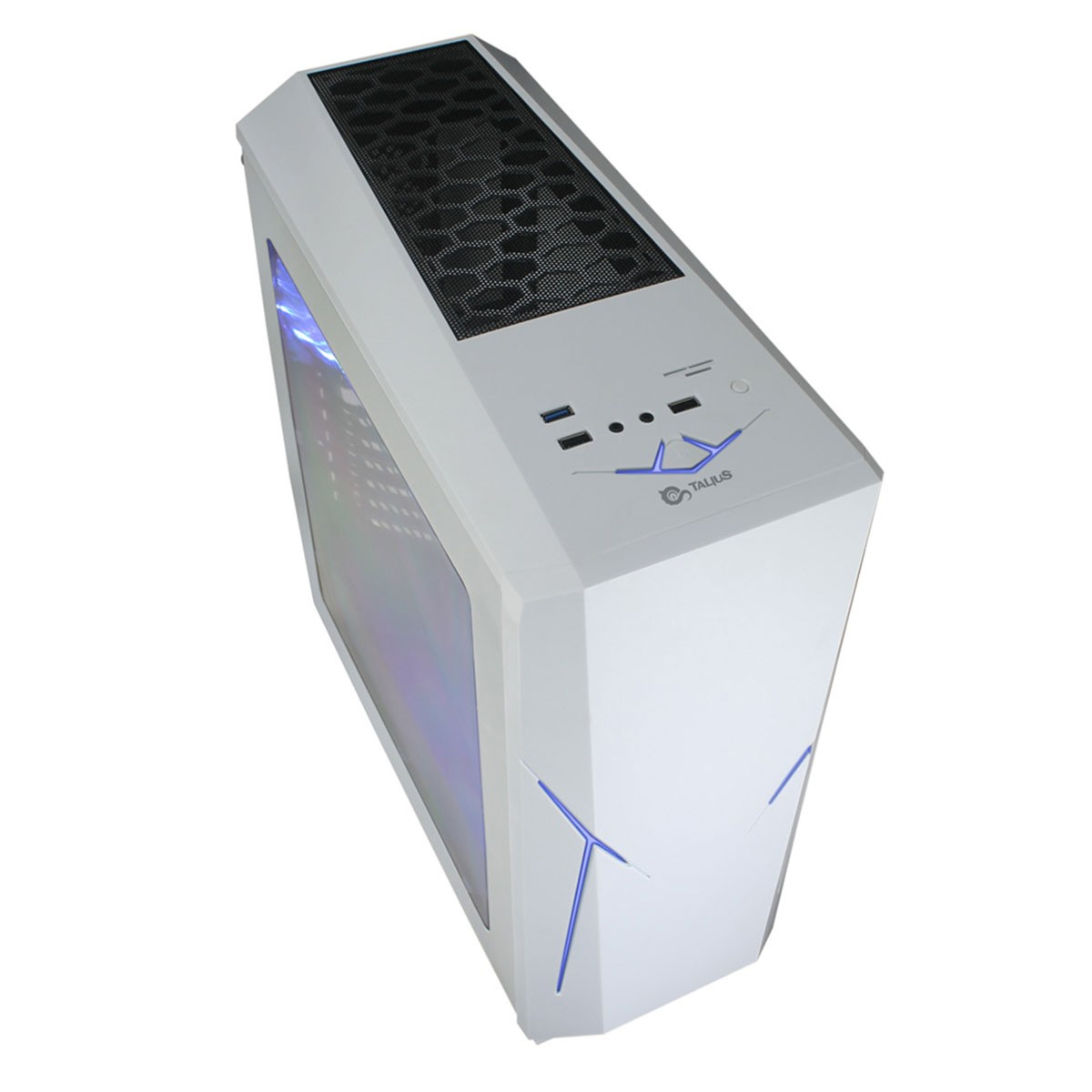 Un case per computer bianco con luci blu e un pannello laterale in vetro.