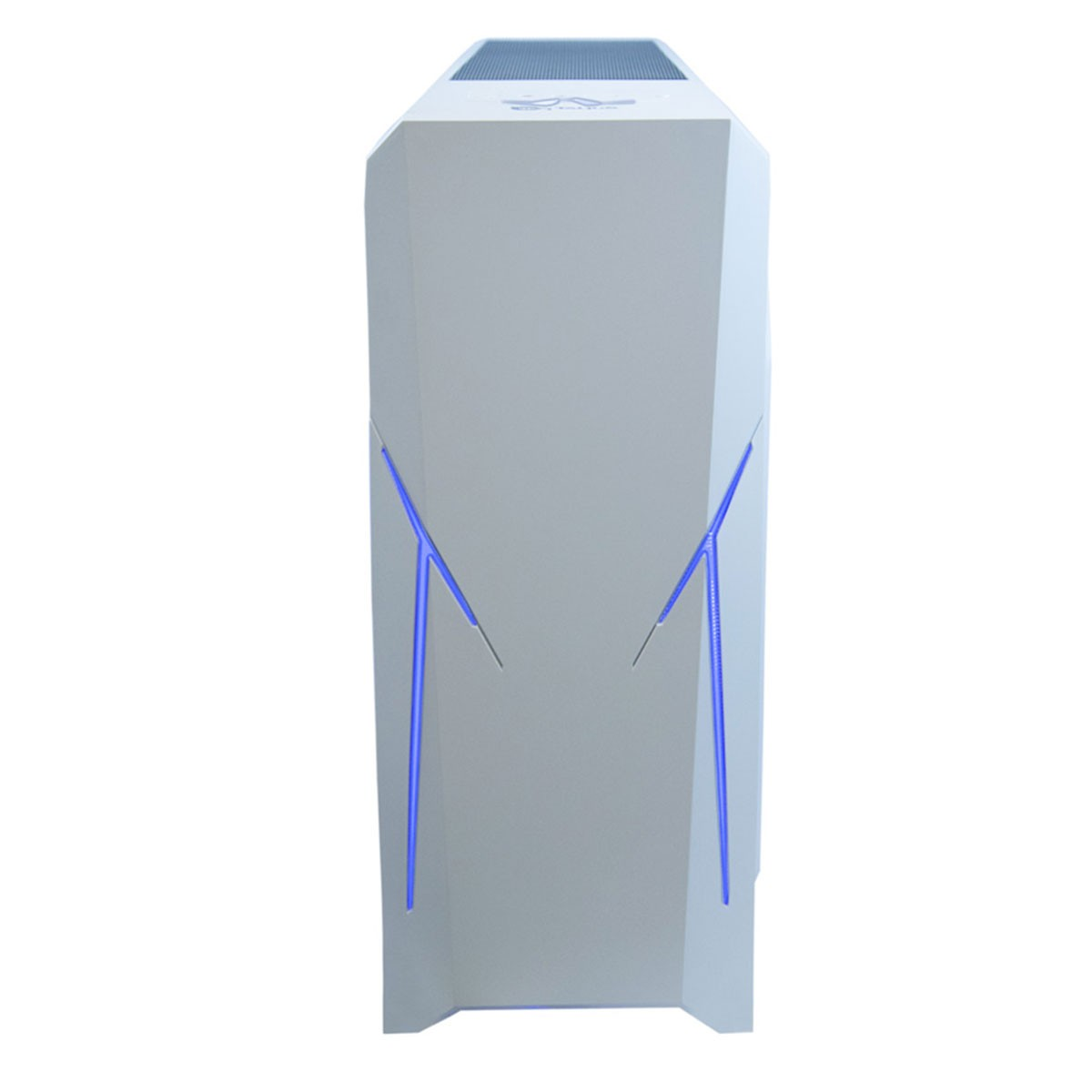 Case per computer bianco con accenti di luce blu. Vista angolata, sfondo bianco.