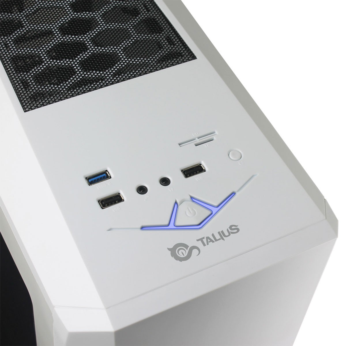 Pannello frontale bianco del case del computer. Porte USB e logo TALIUS. Sfondo bianco.