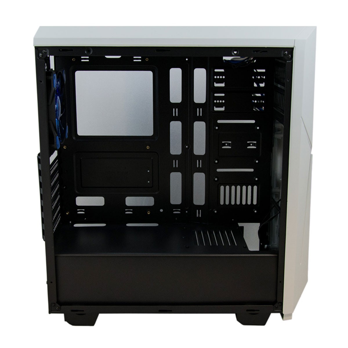 Case per computer bianco, vista interna senza componenti, sfondo bianco.