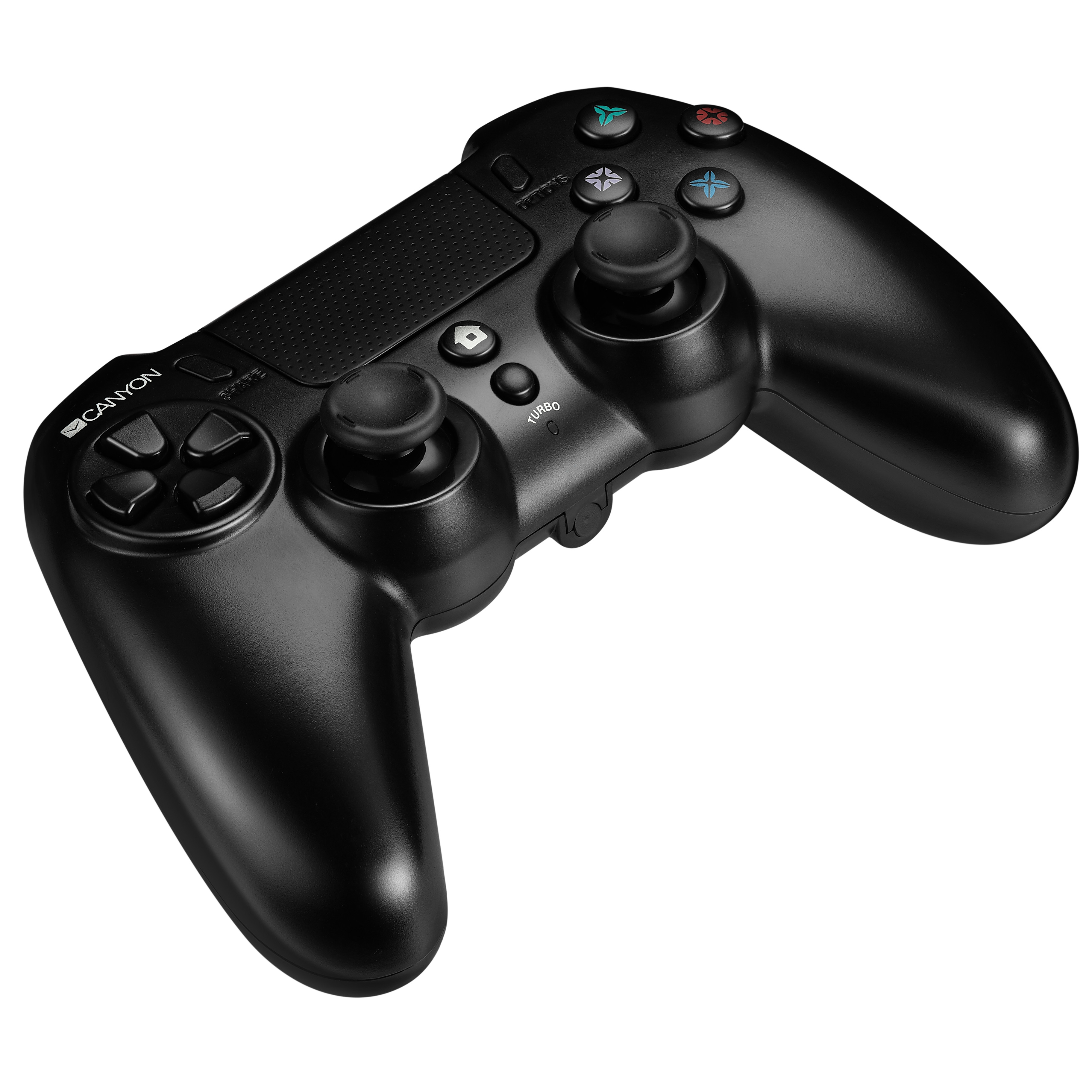 Gamepad nero con più pulsanti e due joystick. Sfondo bianco.