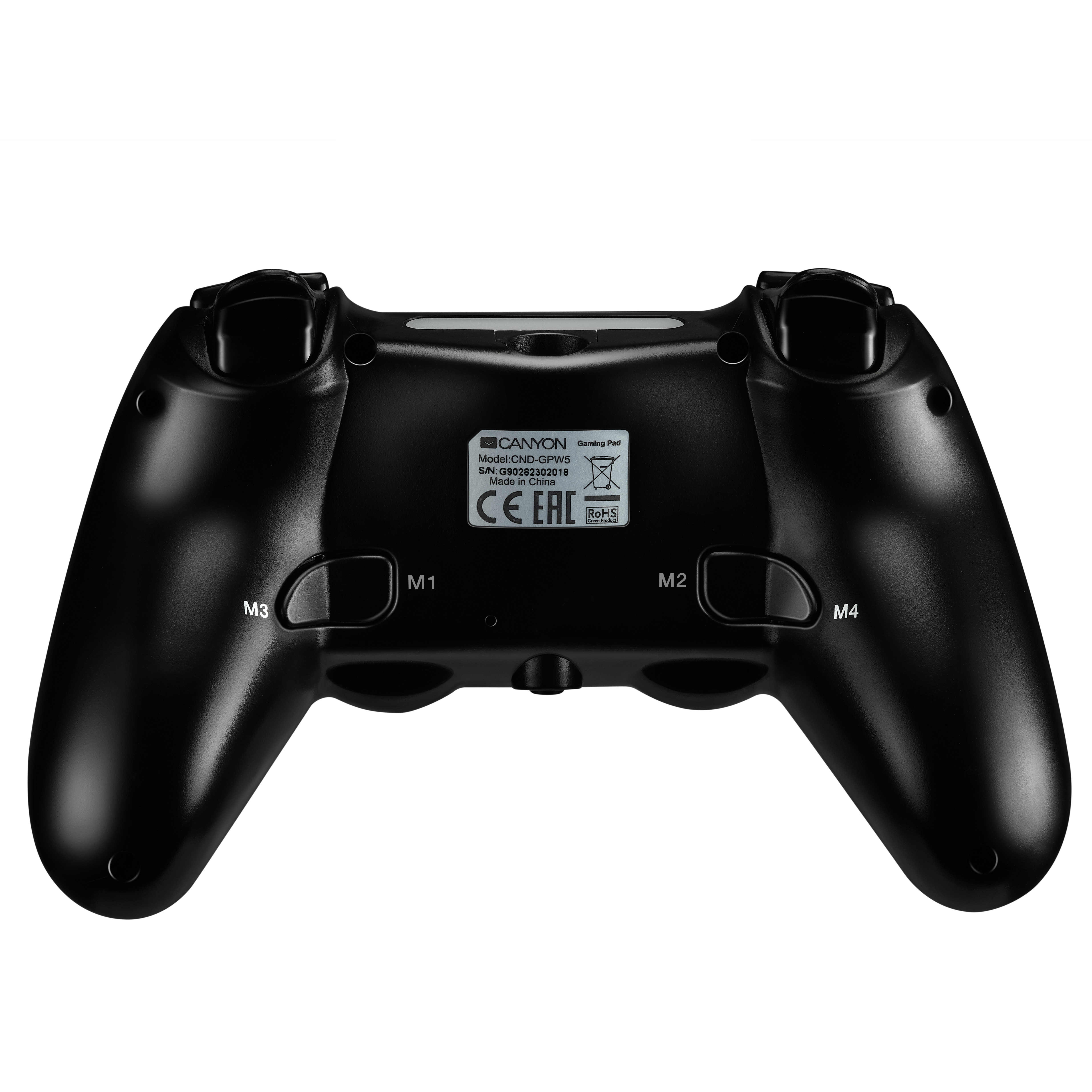 Gamepad nero con pulsanti etichettati M1-M4. Il logo Canyon è visibile e il retro è mostrato su sfondo bianco.