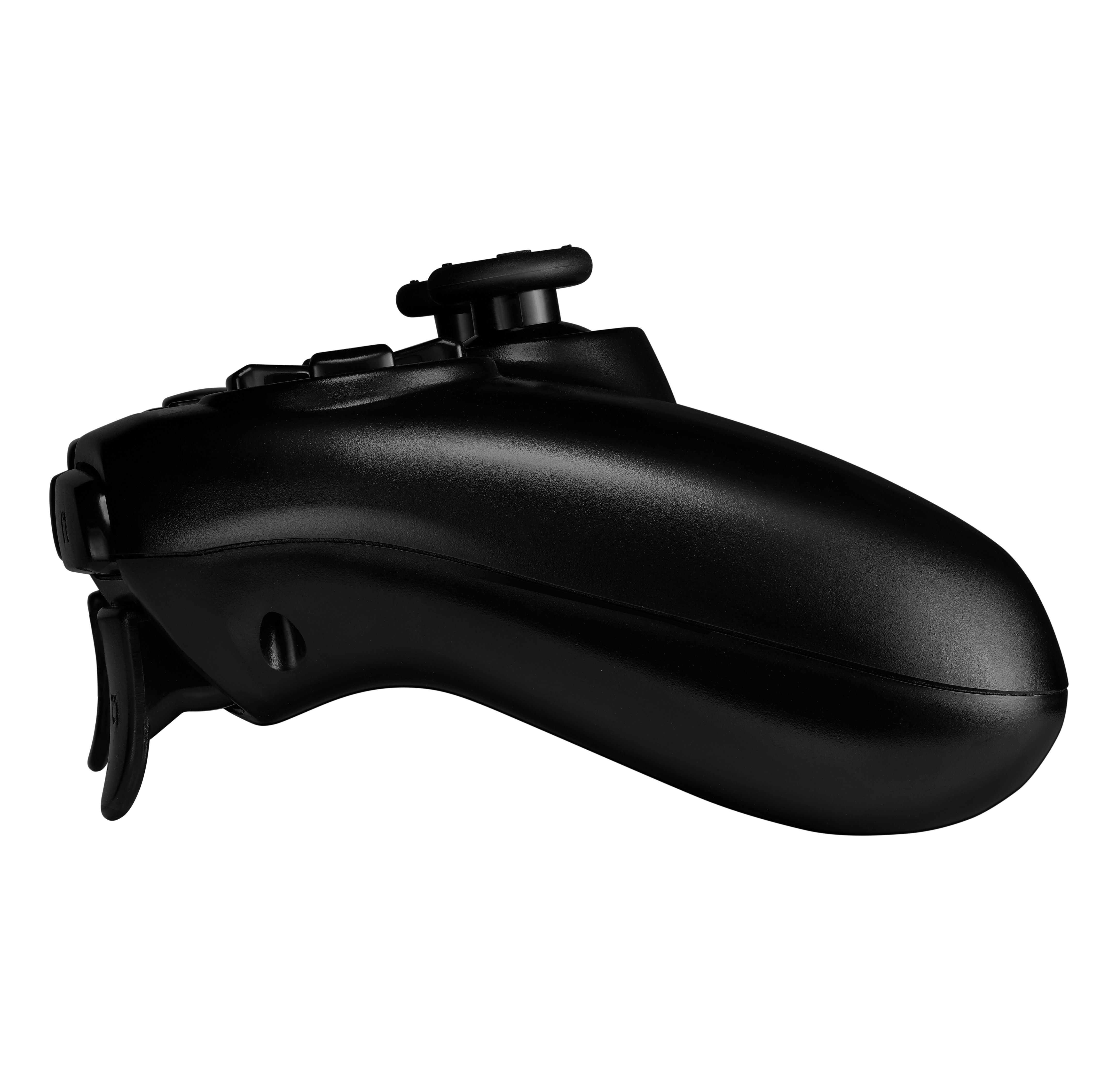 Gamepad nero. Presenta pulsanti, un joystick e grilletti, progettato per il gioco.