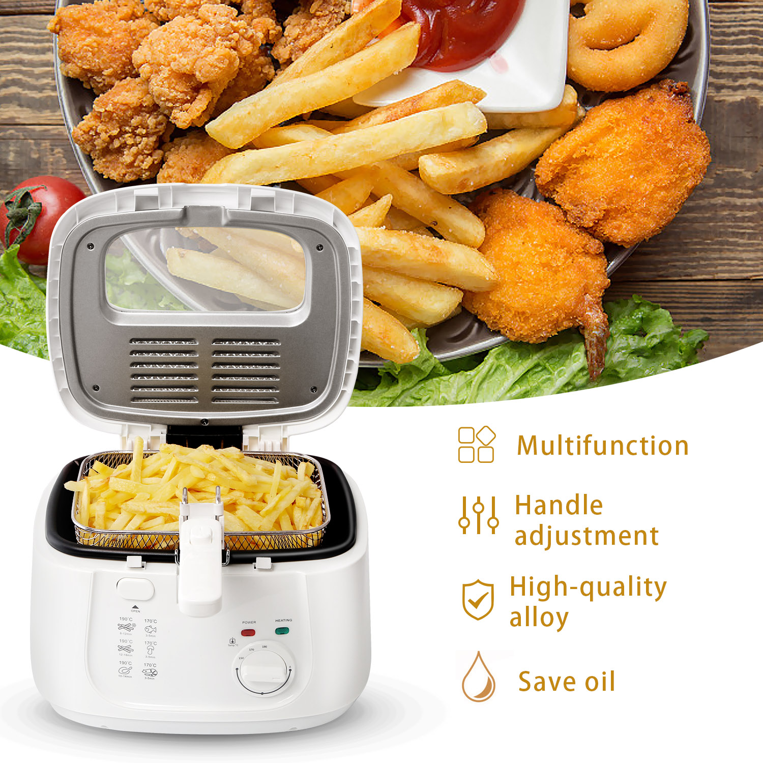 Weißer Fritteuse mit Pommes Frites darin. Gebratene Speisen auch auf einem Teller. Funktionen: Multifunktion, Öl sparen.