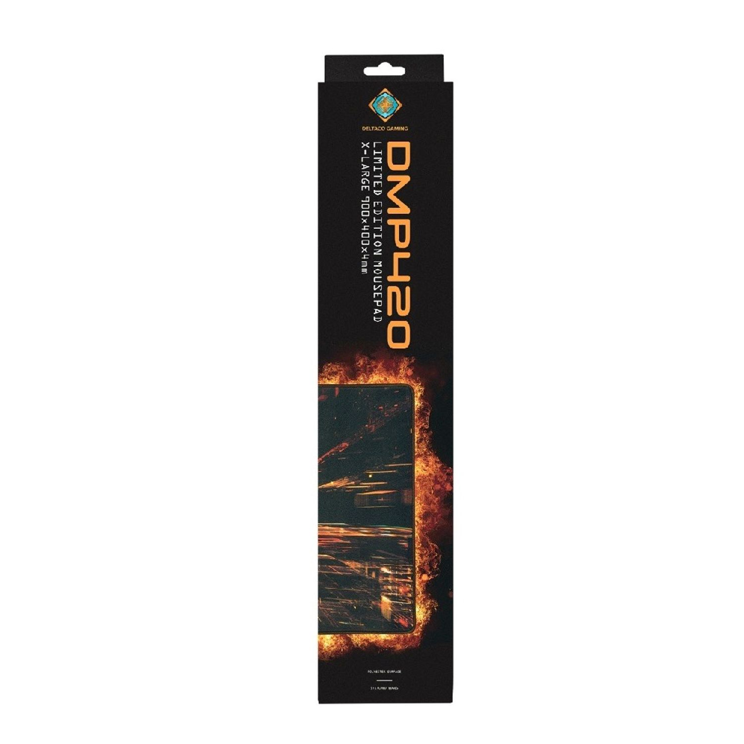 Scatola per tappetino per mouse. Ha un design nero e arancione e il testo 'LIMITED EDITION MOUSEPAD'.