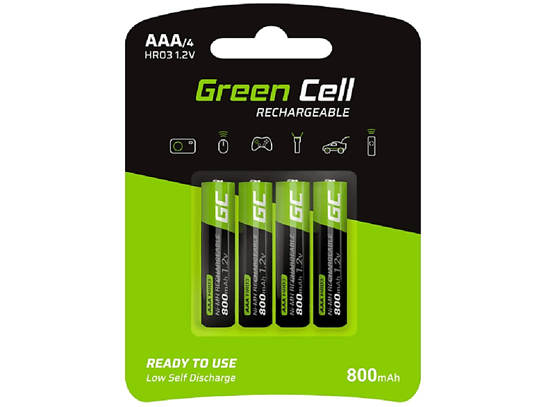 800mAh AAA / Akku, 1.2 Ni-MH Nickel-Hydrid-Akku / HR03 Akkumulator Volt, 4x Batterien GREEN mAh CELL