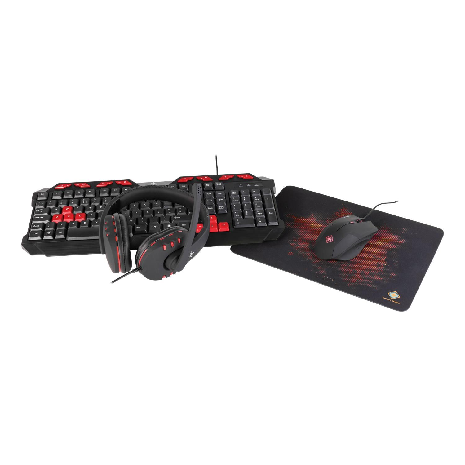 DELTACO GAMING + Maus Maus, 4-in-1 Tastatur schwarz Mauspad, Tastatur Kopfhörer Gaming-Kit