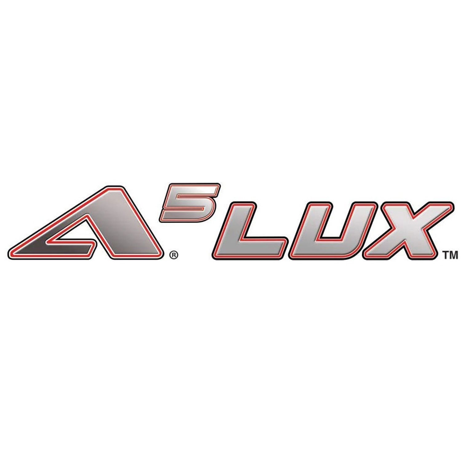 Logo A5 Lux na białym tle. Srebrne litery z czerwonym obrysem. Izolowane.