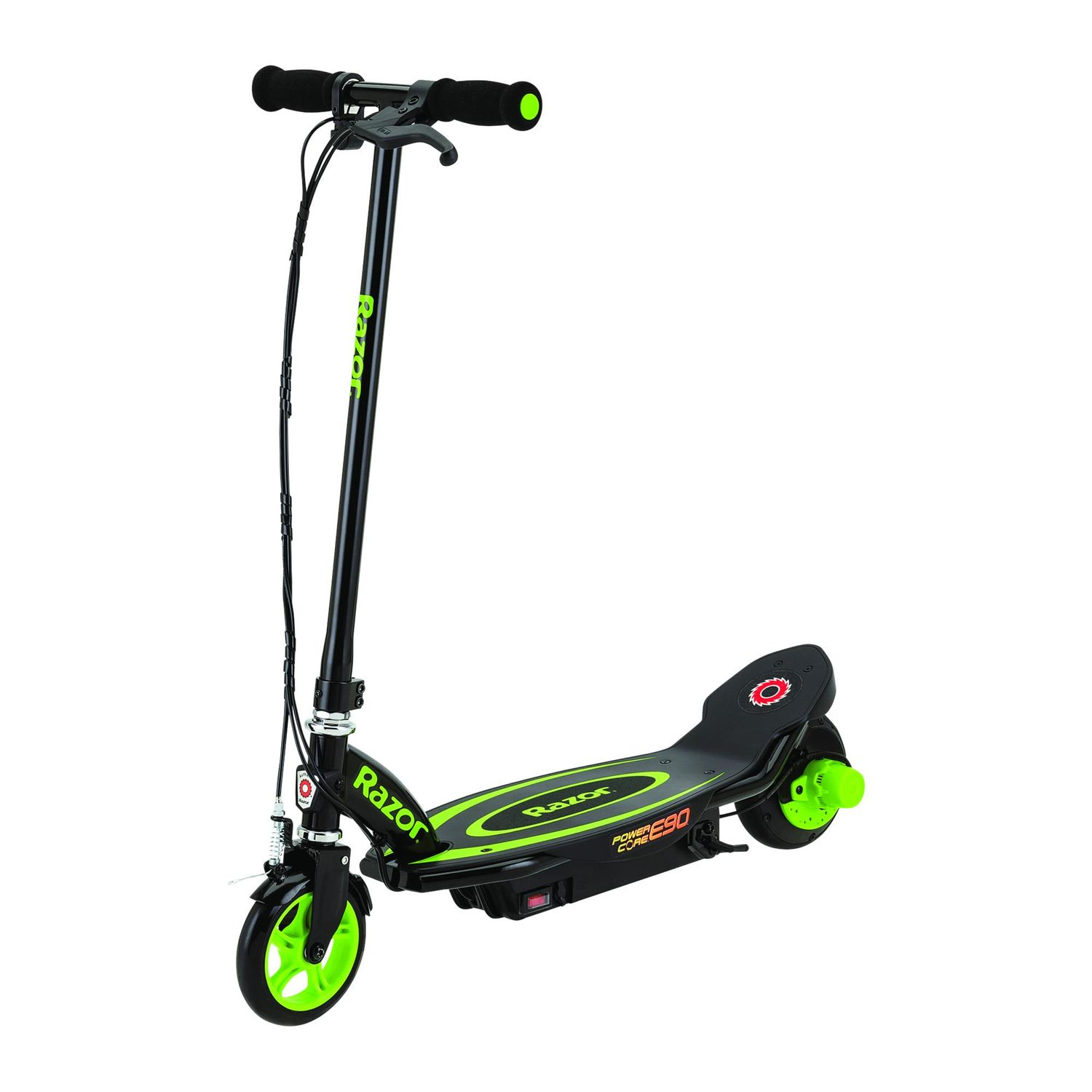 Scooter elettrico nero con dettagli verdi. Sfondo bianco.