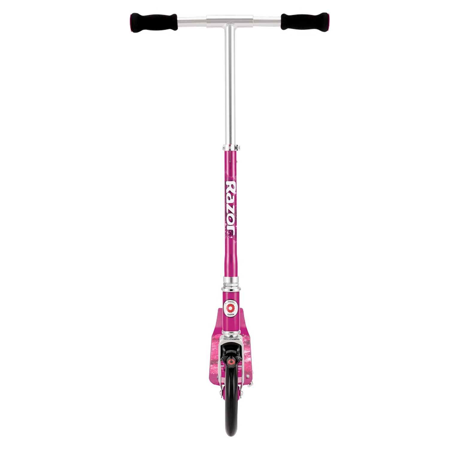 Trottinette Razor rose, centrée, de face, avec guidon et roues noirs.