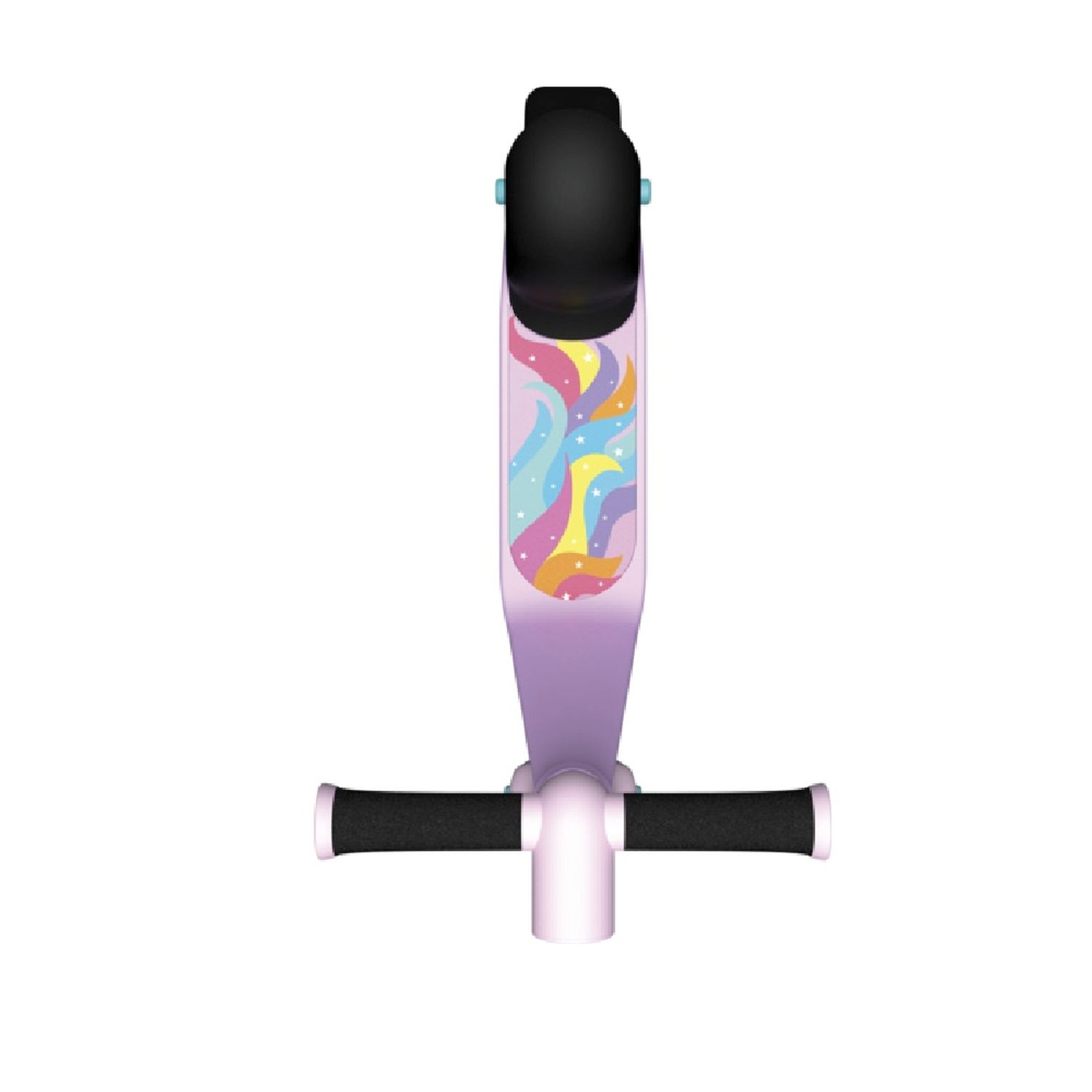 Vista dall'alto di un monopattino per bambini viola con design unicorno e manubrio nero.