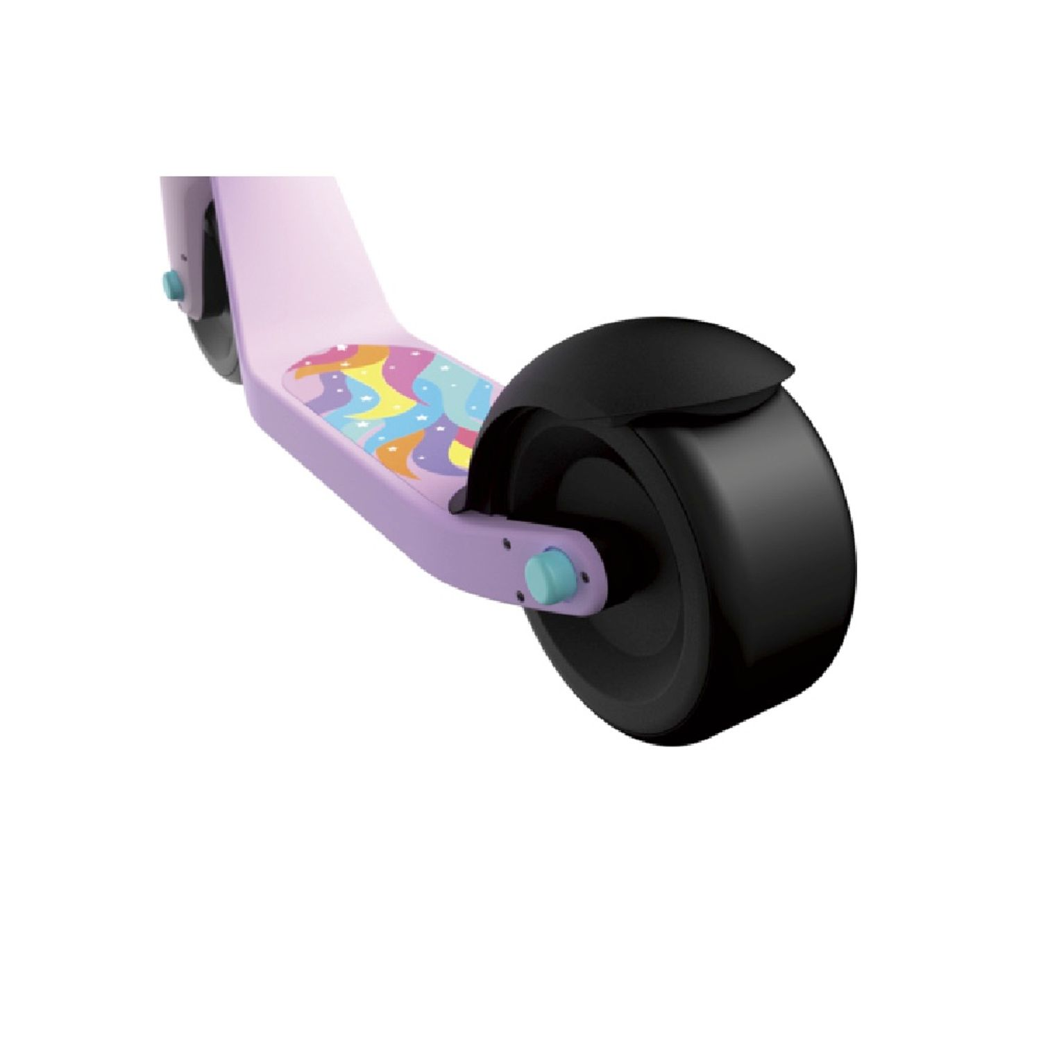Scooter rosa con design arcobaleno e ruota nera.