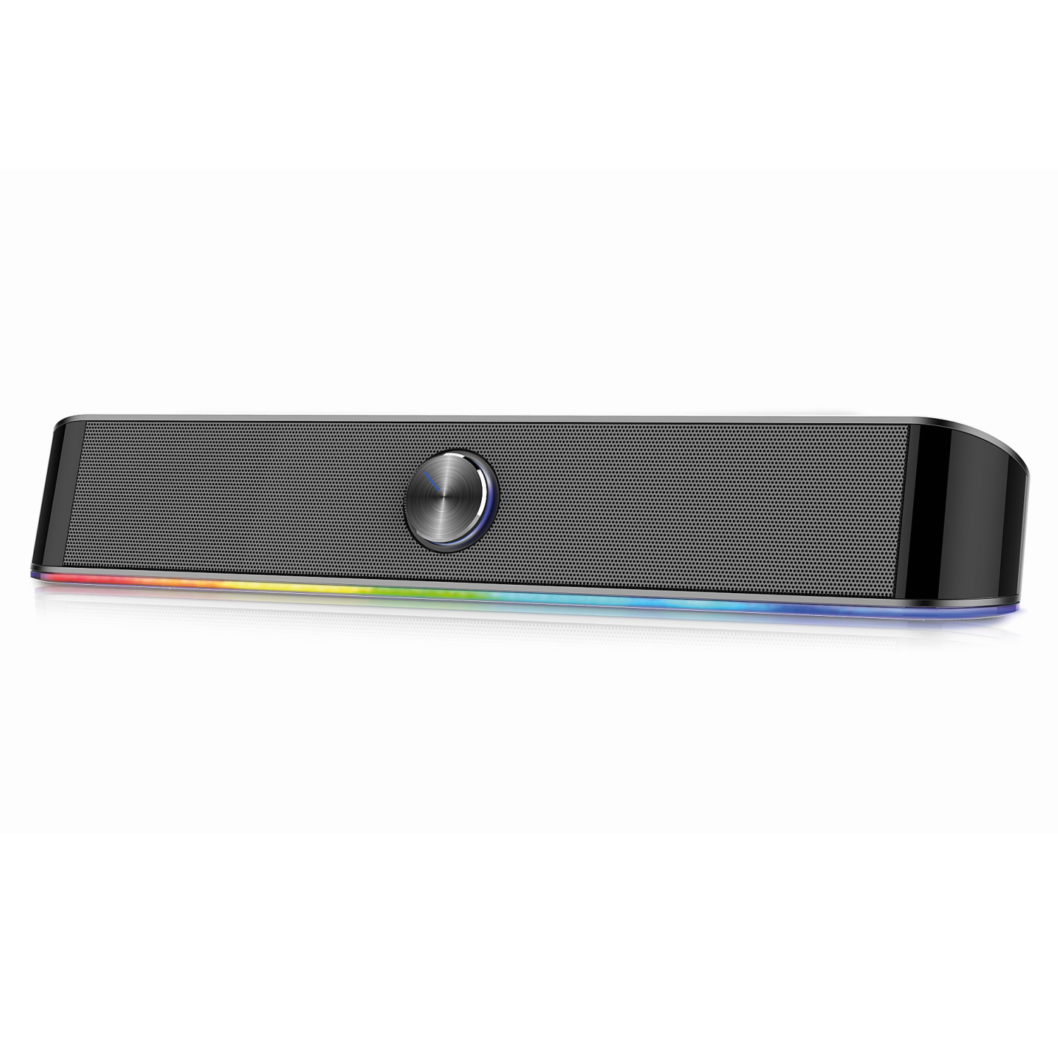 Soundbar nera con luce arcobaleno in basso, su sfondo bianco.