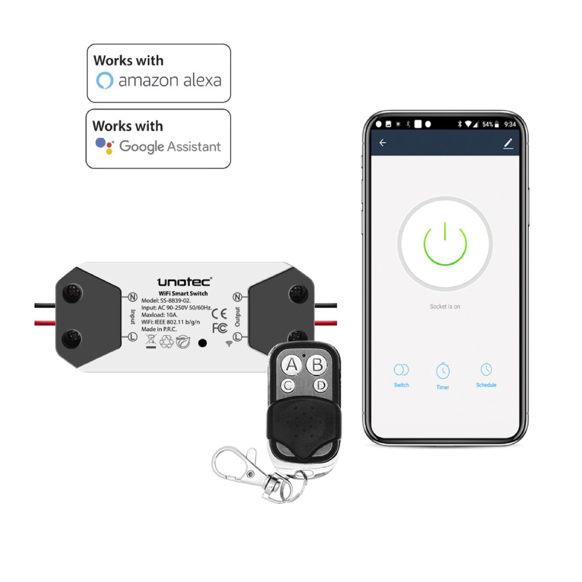 Unotec Interruptor Wifi compatible alexa y google home con mando