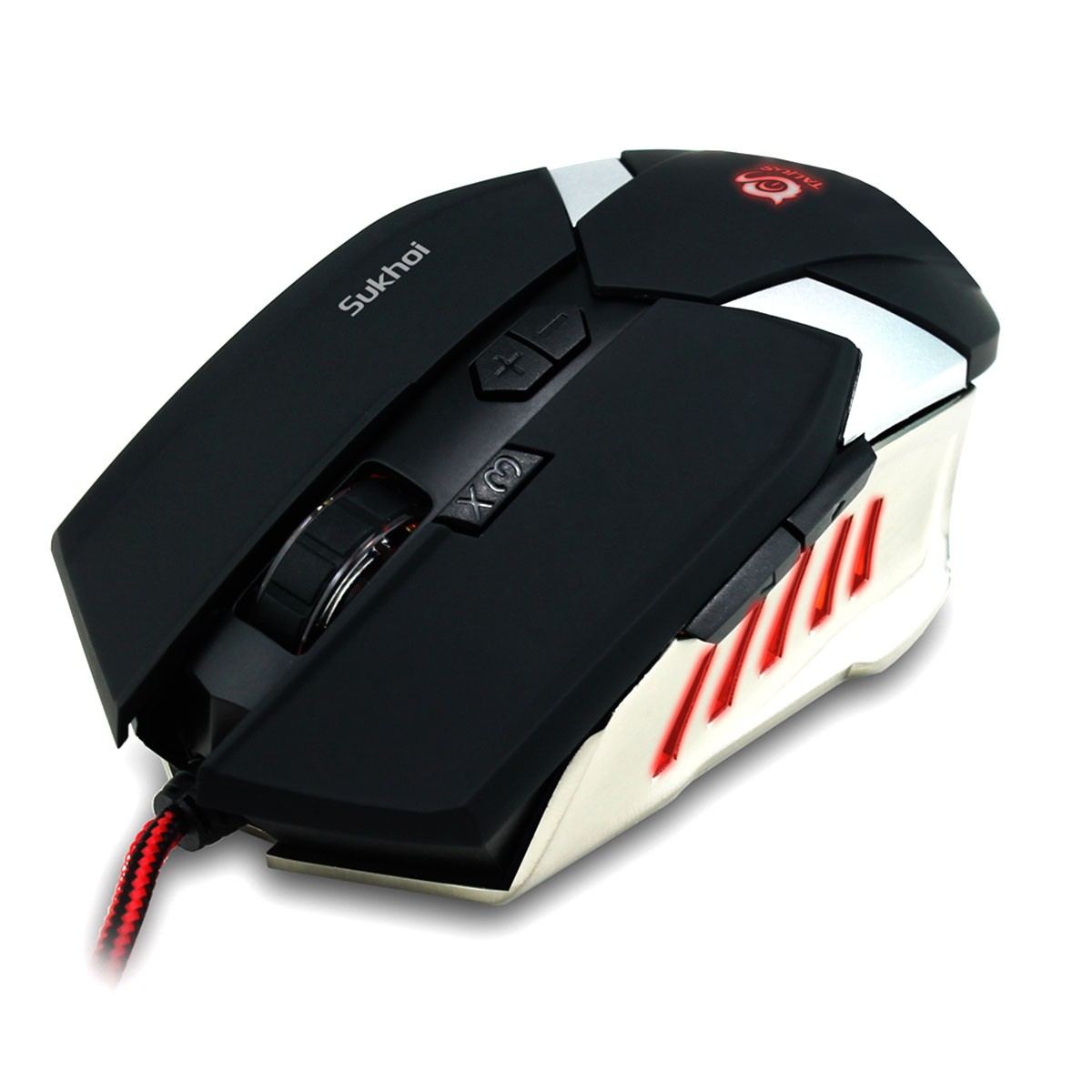 Mouse da gioco Sukhoi nero e argento. Ha pulsanti e una rotellina.