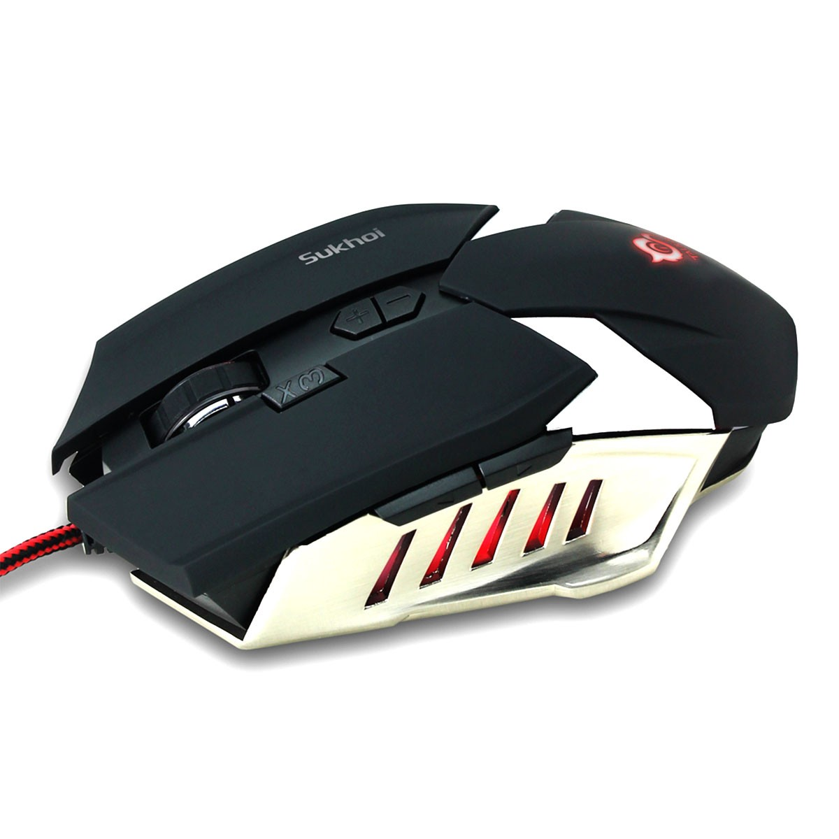 Mouse da gioco nero con dettagli rossi e la parola "Sukhoi". Design angolato.