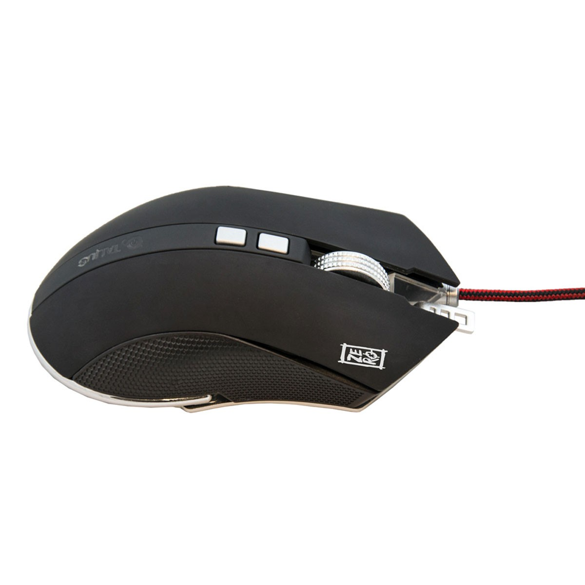 Zwarte gamingmuis met twee knoppen en scrollwiel, rode kabel.