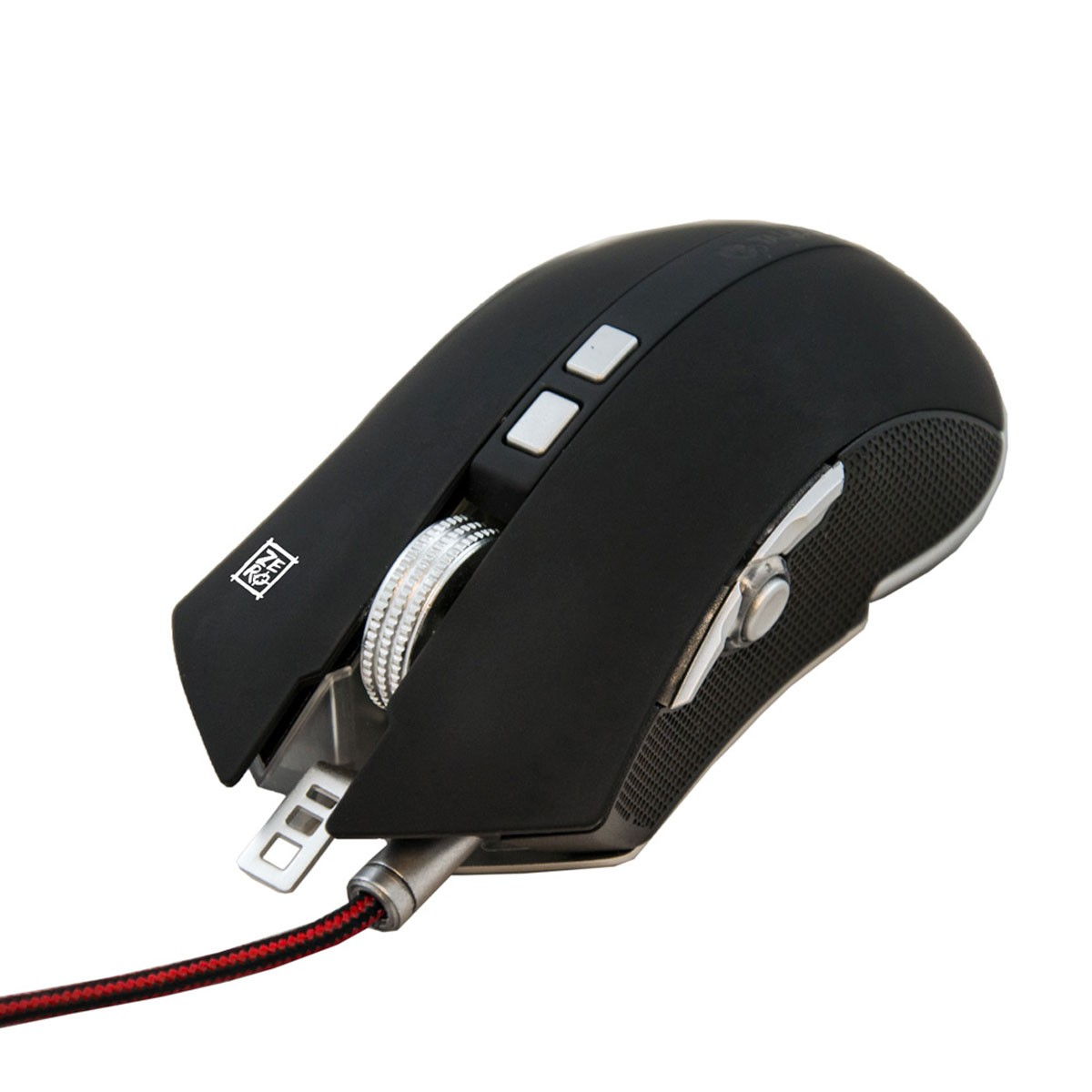 Zwarte gamingmuis met knoppen en een scrollwiel. De muis heeft een rode kabel. Het staat op een witte achtergrond.