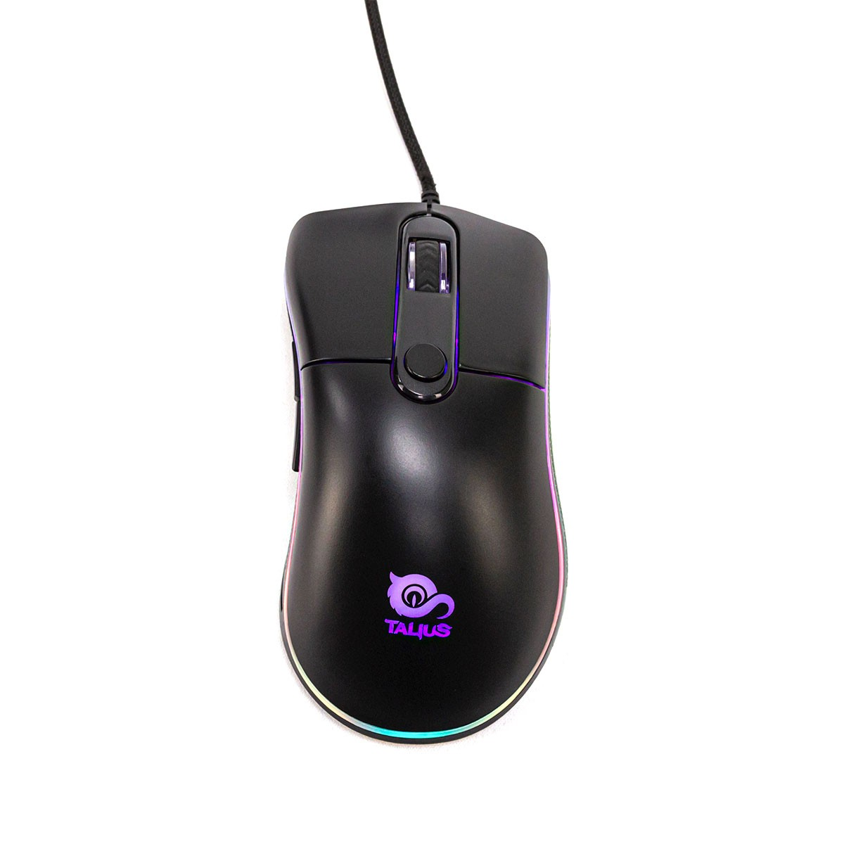 Mouse da gioco nero con cavo. Ha un logo e pulsanti illuminati.