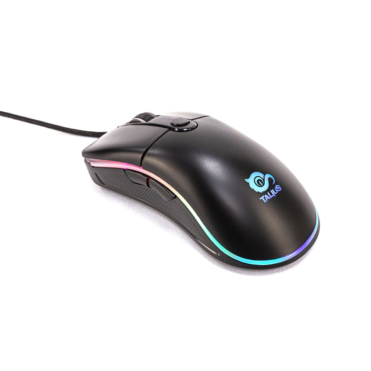 Mouse da gaming nero con luci LED colorate e logo TALUS.
