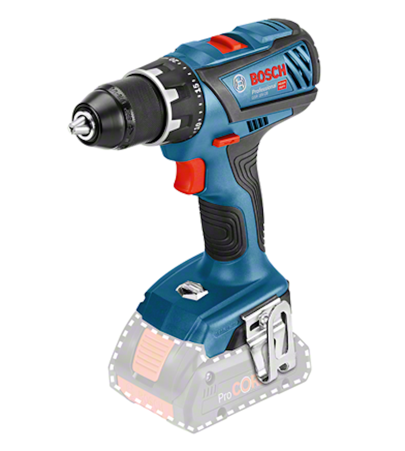 Un taladro inalámbrico Bosch azul y negro con un botón rojo, sobre un fondo blanco.