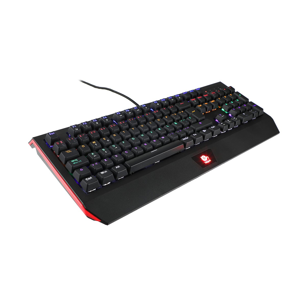 Teclado mecánico negro con teclas y luces coloridas.
