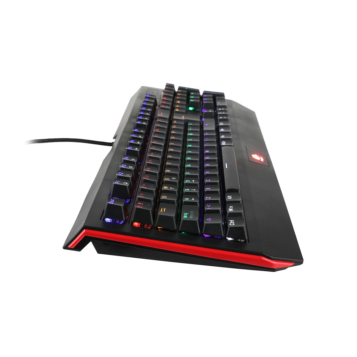 Teclado gaming negro con luces LED multicolor. Acentos rojos. Teclas negras.