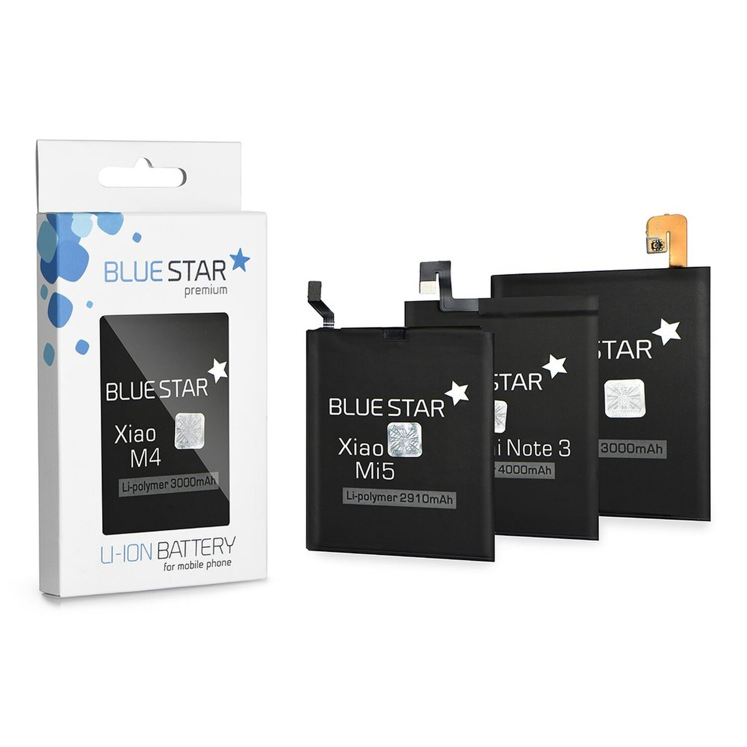 Drei schwarze Telefonbatterien mit einer weiß-blauen Box. Die Batterien sind mit Text beschriftet.