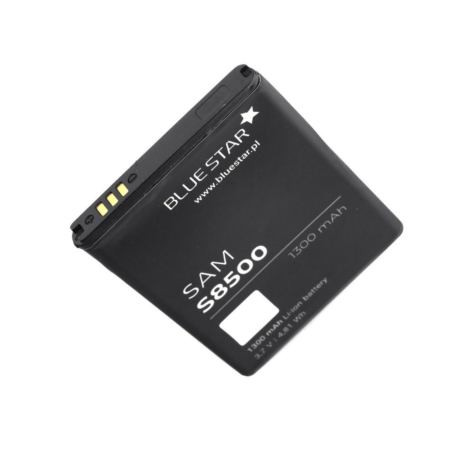 Schwarzer rechteckiger Akku mit weißem Etikett. Text enthält 'BLUE STAR' und 'SAM S8500' sowie weitere Details.