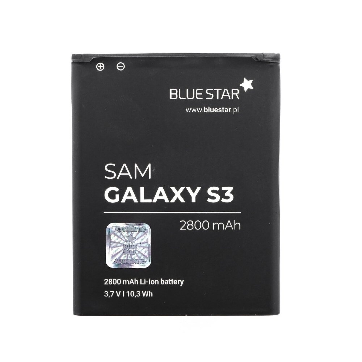 Ein schwarzer Telefonakku mit weißem Text und Logo. Es steht 'SAM GALAXY S3' und '2800 mAh'.