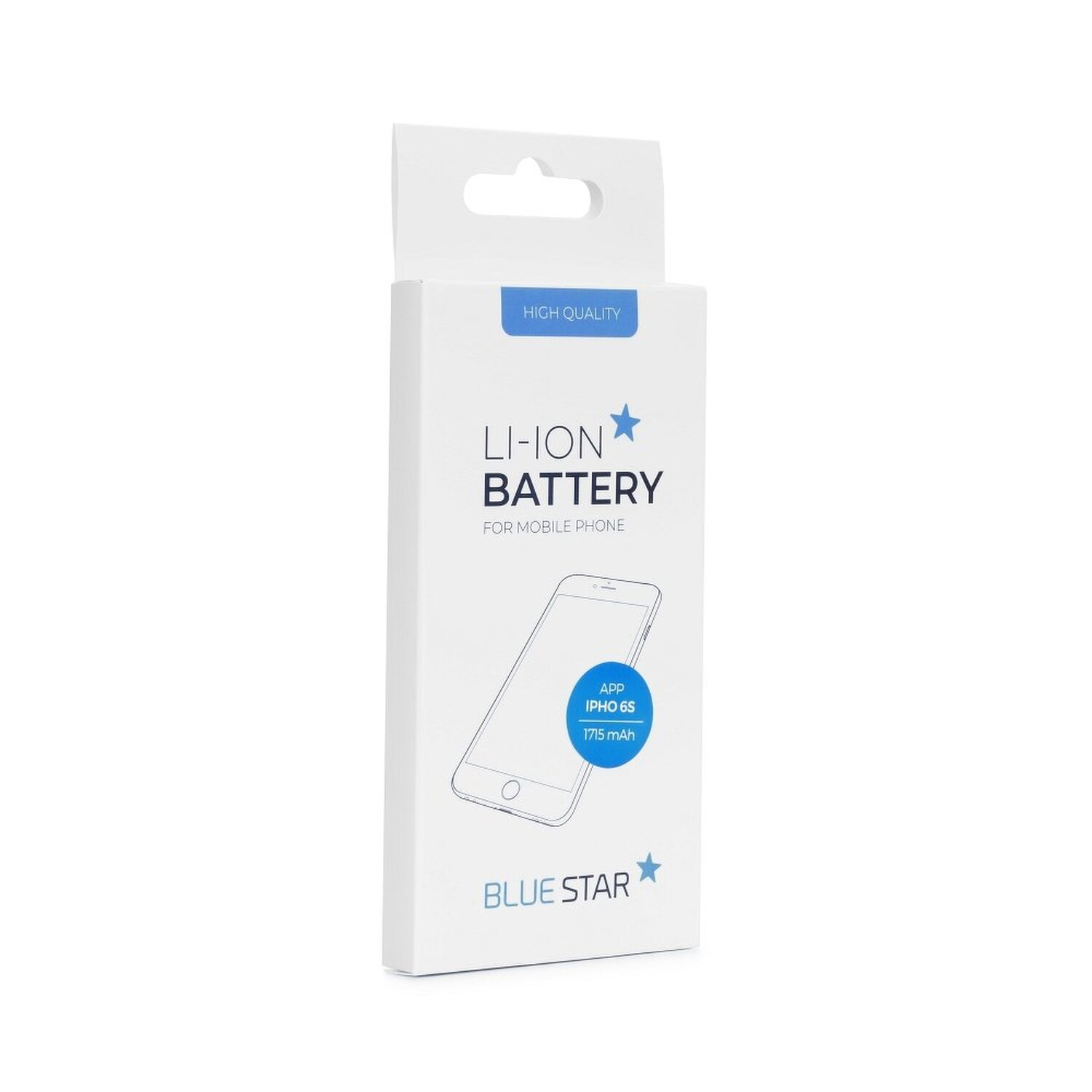 Weiße Box mit der Aufschrift BLUE STAR Li-ION BATTERY für Mobiltelefone, mit Grafik.