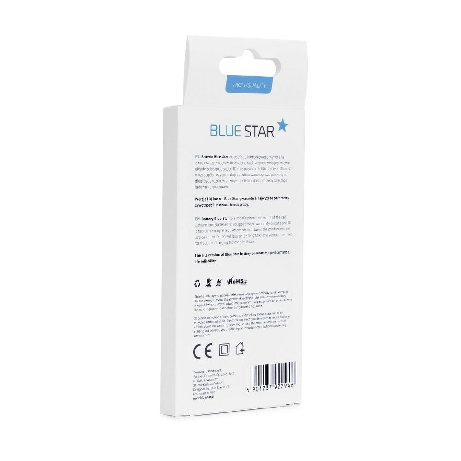 Weiße und blaue Box mit Text. Der Text enthält den Markennamen und Produktinformationen.