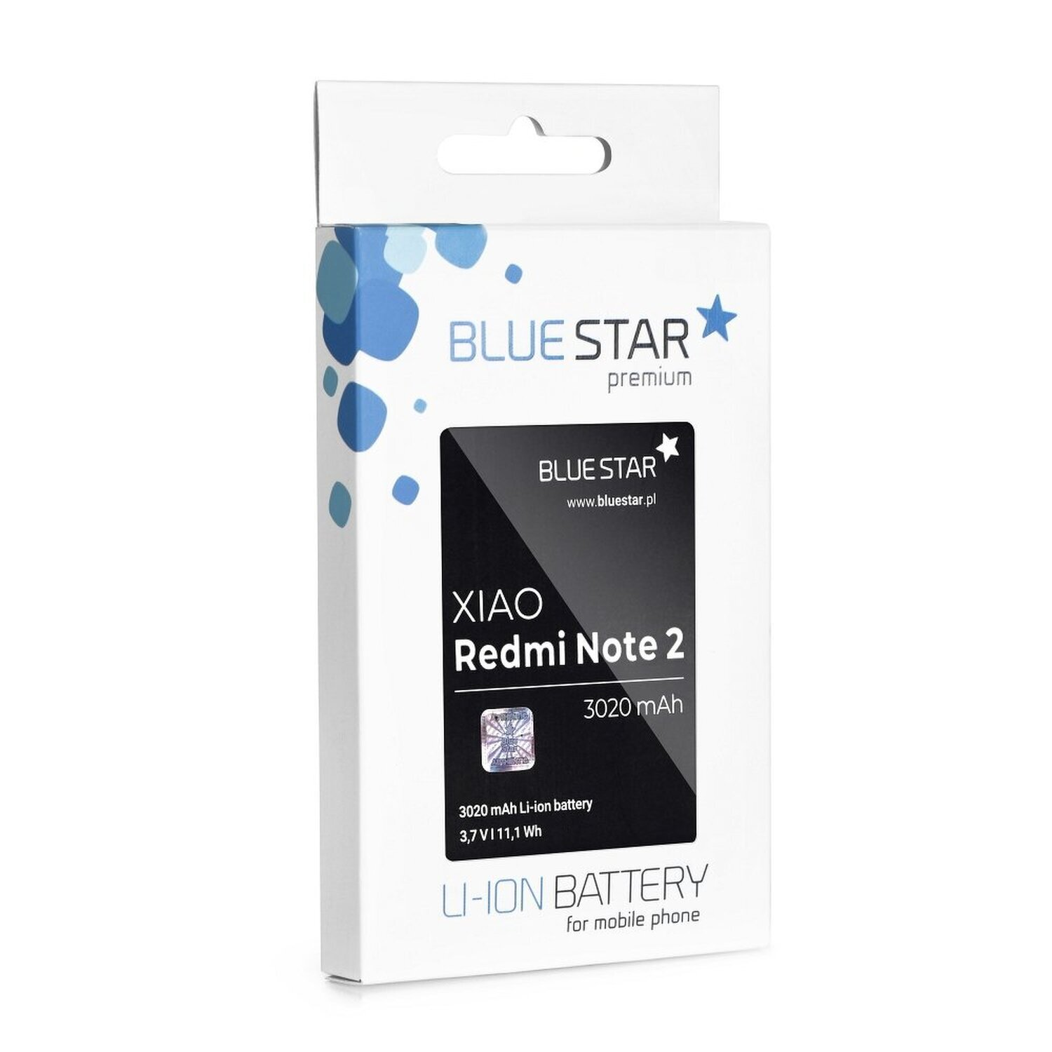 Eine weiße Box mit einem Akku, die Box ist mit 'BLUE STAR' und 'XIAO Redmi Note 2' beschriftet.