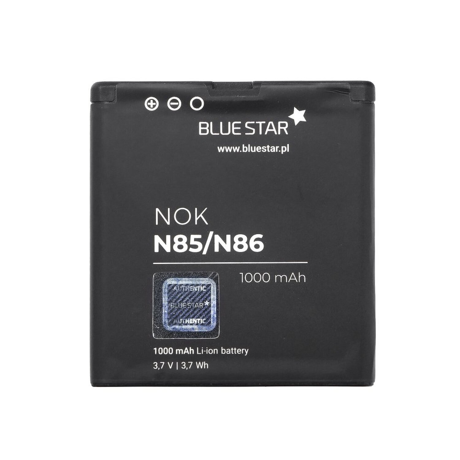 Schwarzer Blue Star Telefonakku, NOK N85/N86, blaues Hologramm, weißer Text.
