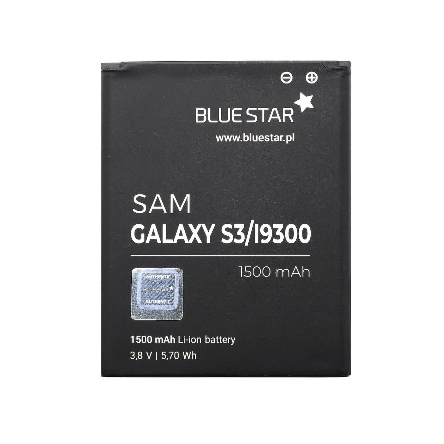 Ein schwarzer Akku für ein SAM Galaxy S3/I9300 Telefon. Er hat ein weißes Etikett mit blauem Text.